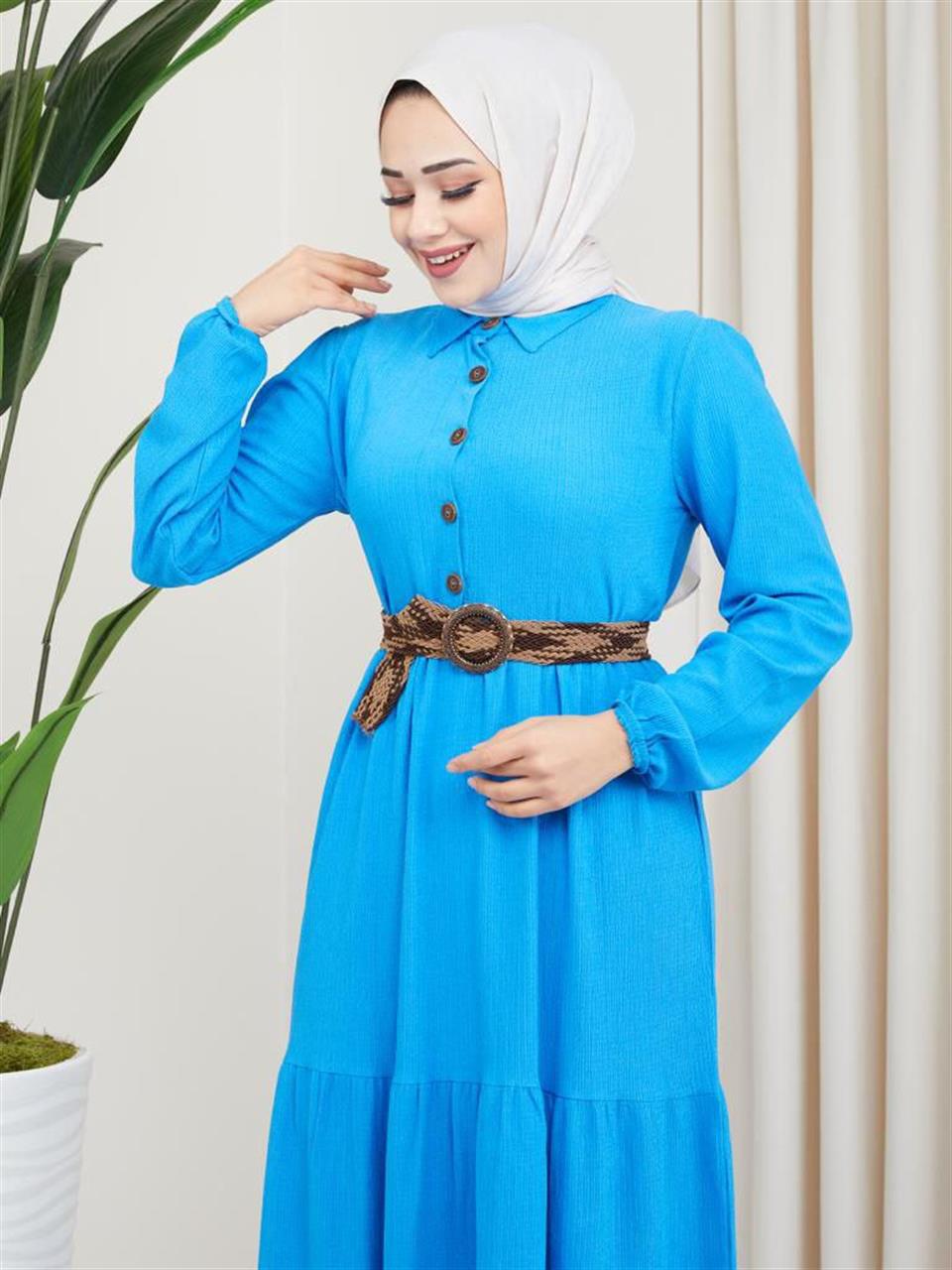 Hasır Kemerli Tesettür Elbise 6033 İndigo