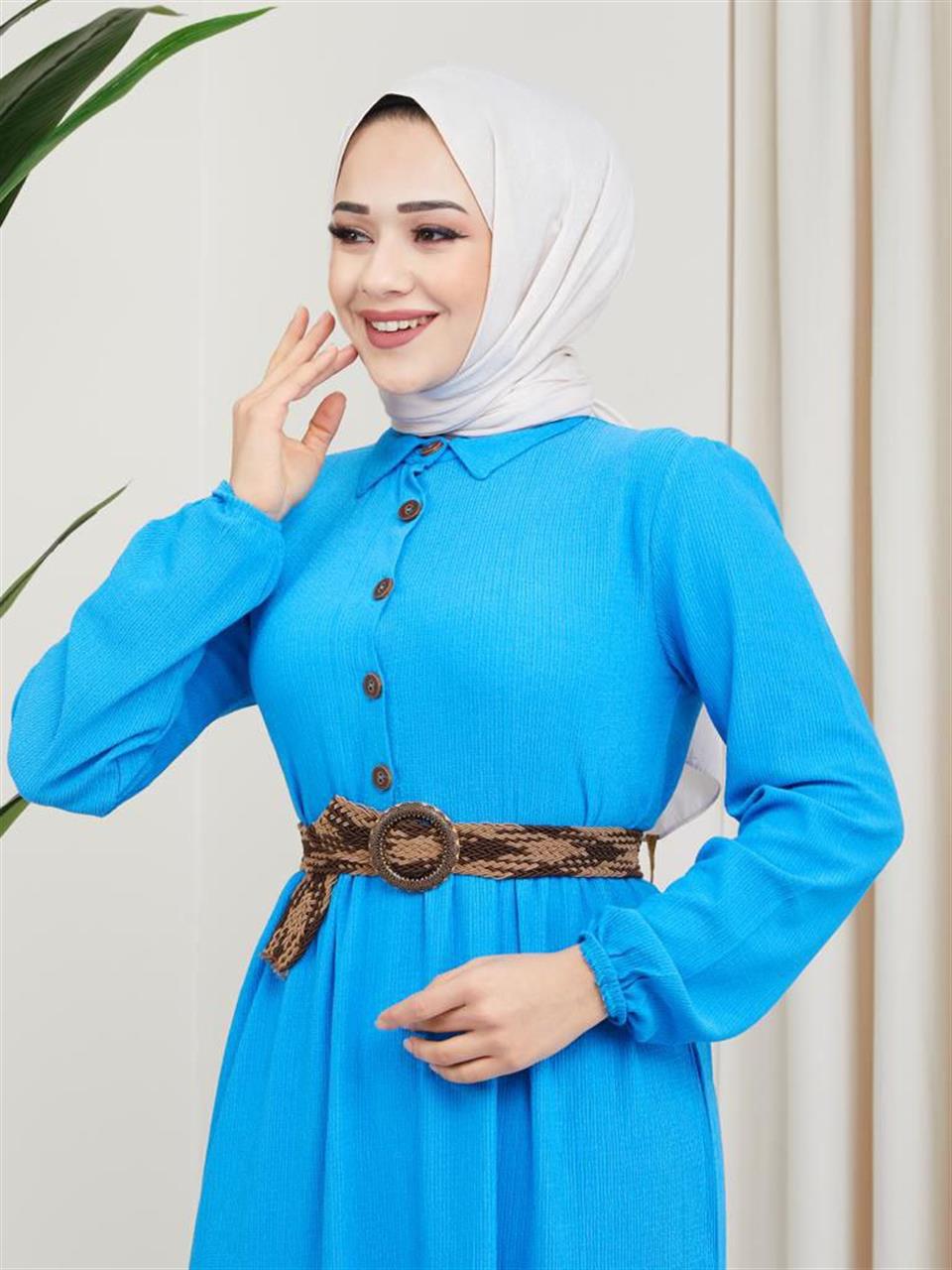 Hasır Kemerli Tesettür Elbise 6033 İndigo