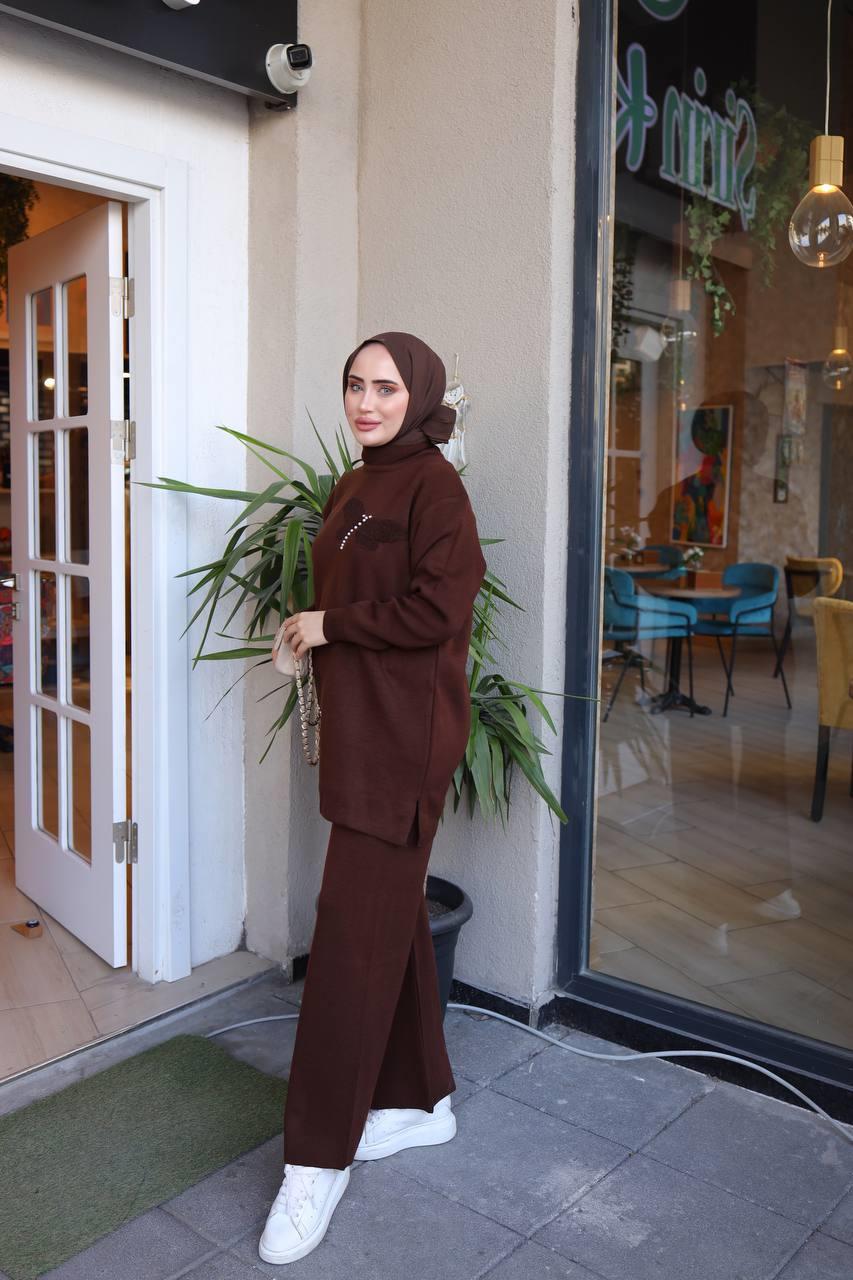 Kelebek Detaylı Tesettür Triko Kombin 3011 Taba