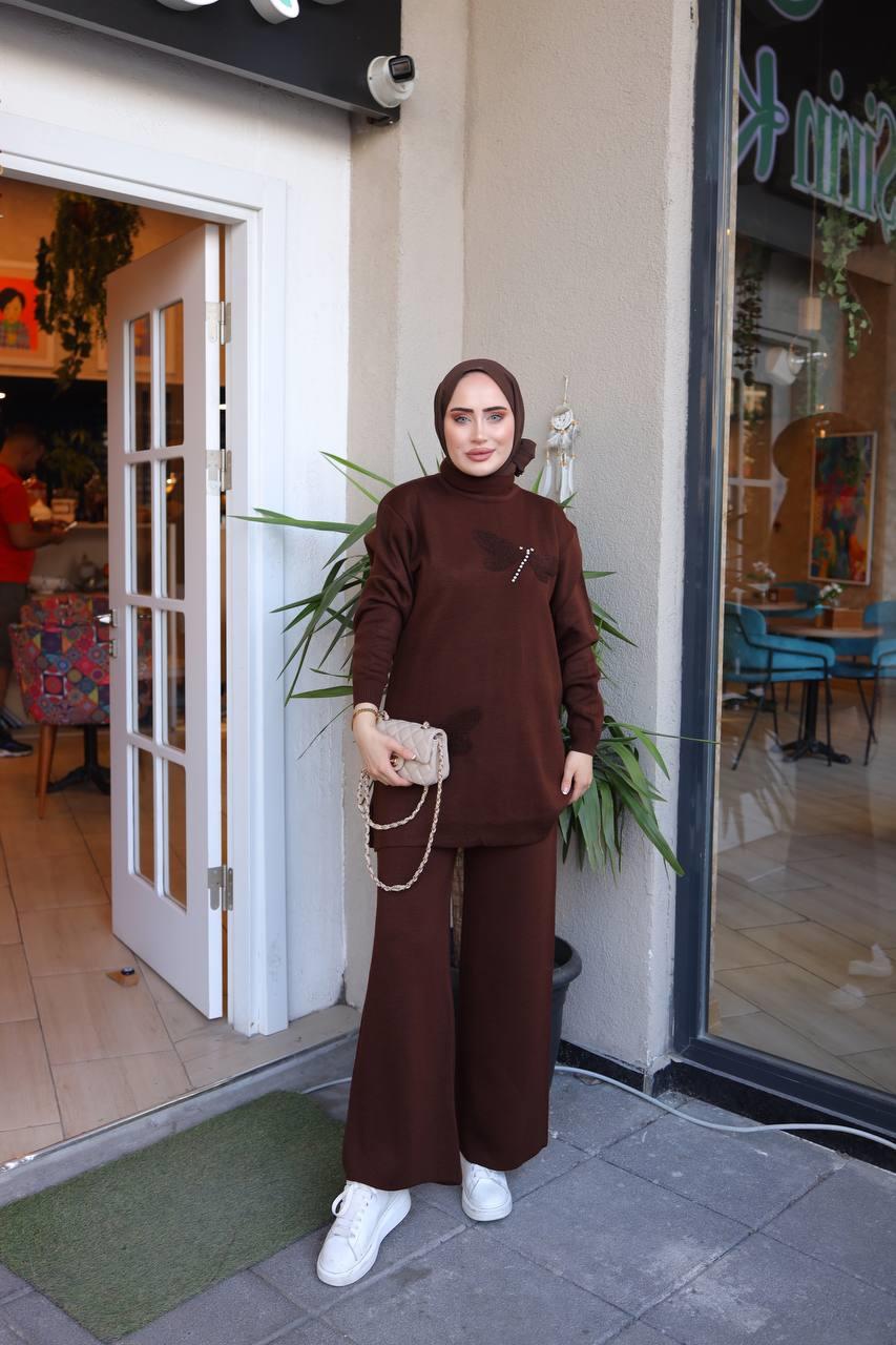 Kelebek Detaylı Tesettür Triko Kombin 3011 Taba