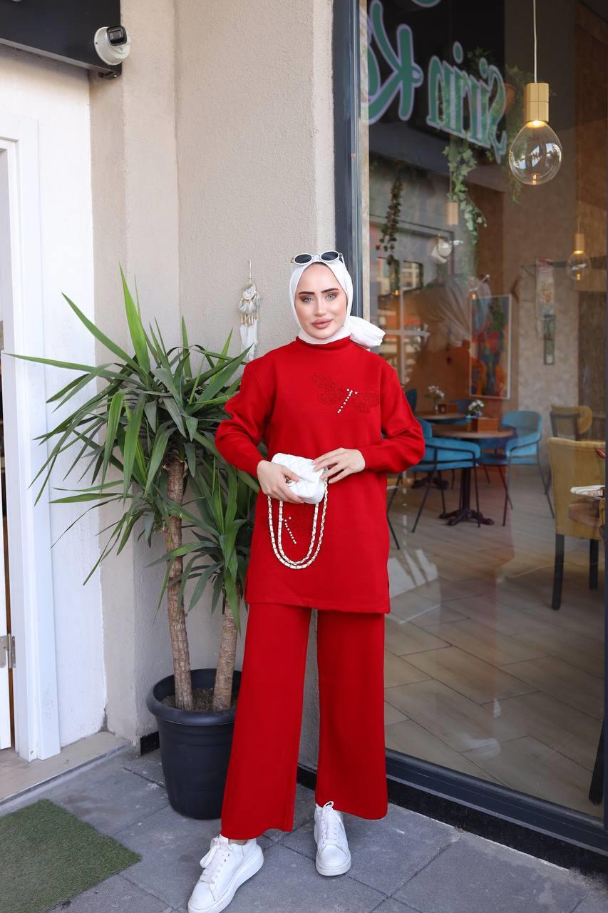 Kelebek Detaylı Tesettür Triko Kombin 3011 Bordo