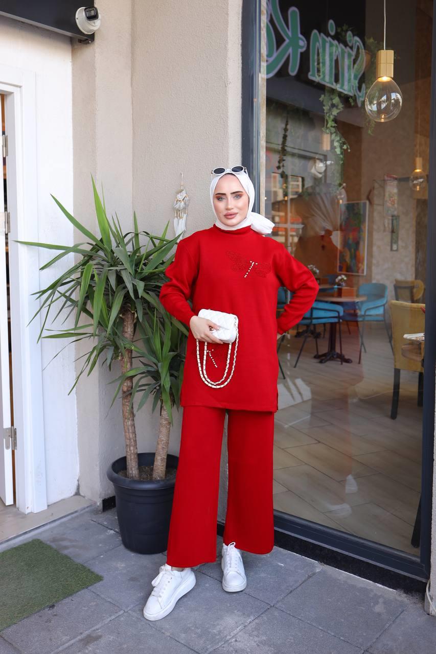 Kelebek Detaylı Tesettür Triko Kombin 3011 Bordo