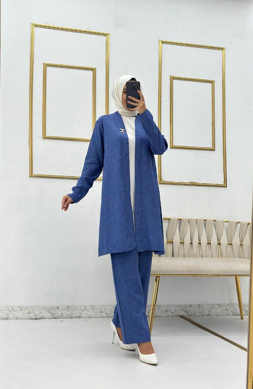 Kimono Pantolon Bluz Üçlü Kombin 7004 İndigo