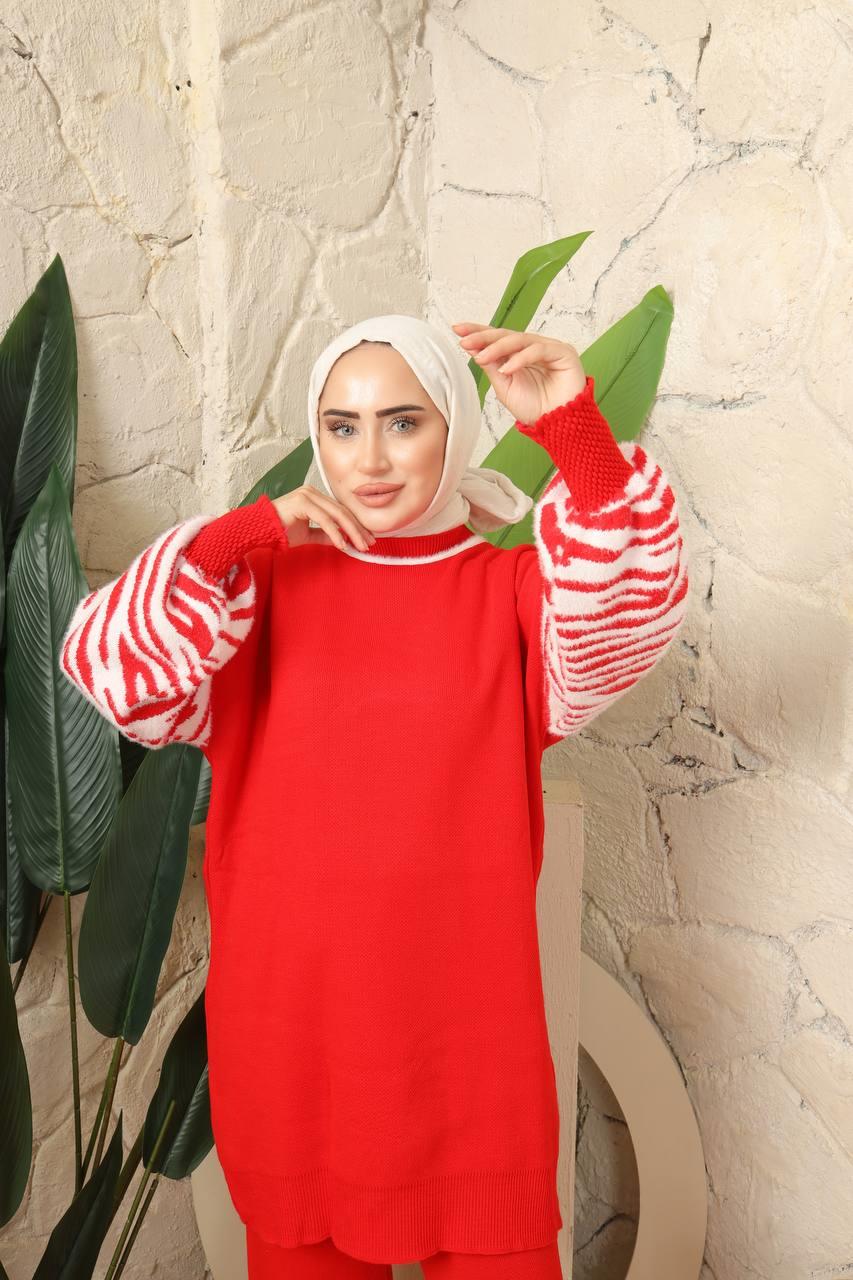 Kolları Zebra Desenli Tesettür Triko Kombin 3006 Kırmızı
