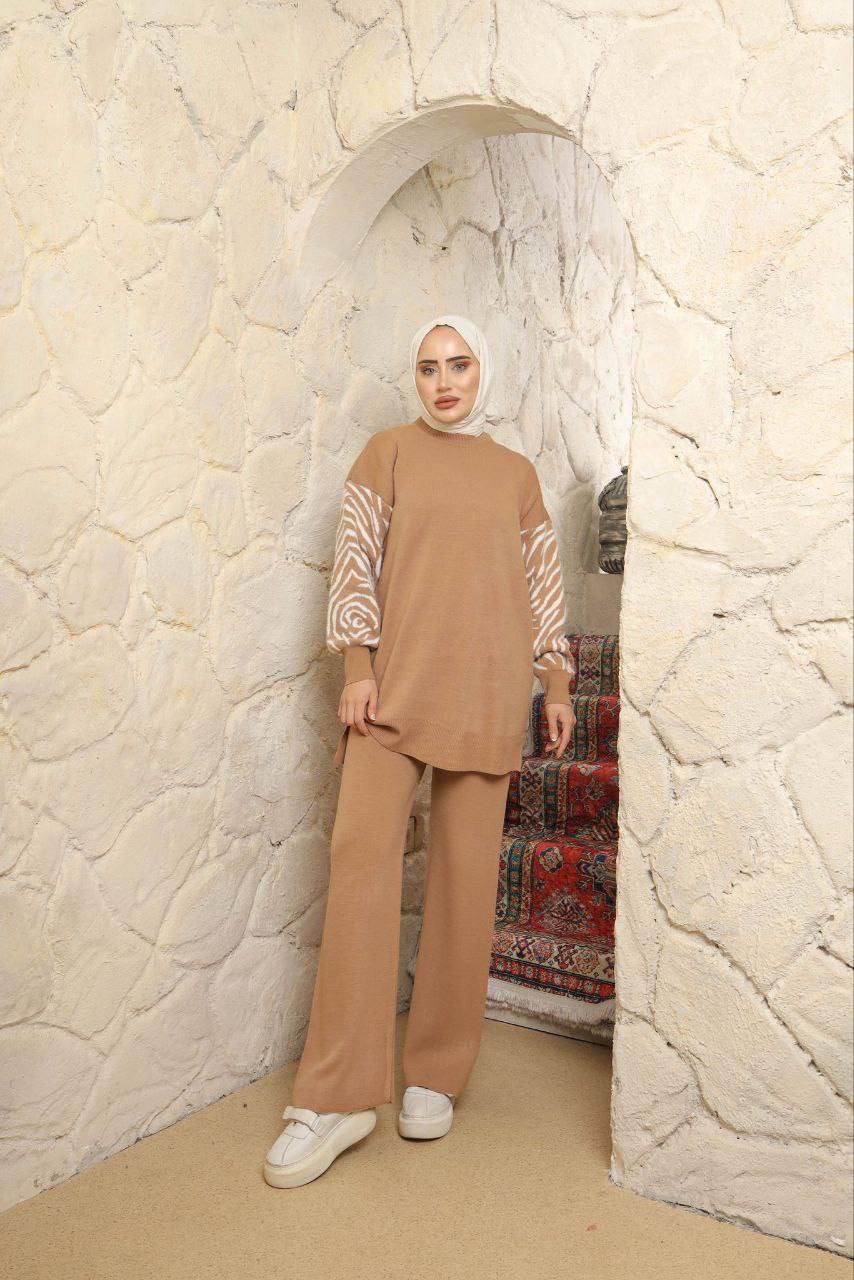 Kolları Zebra Desenli Tesettür Triko Kombin 3006 Bej