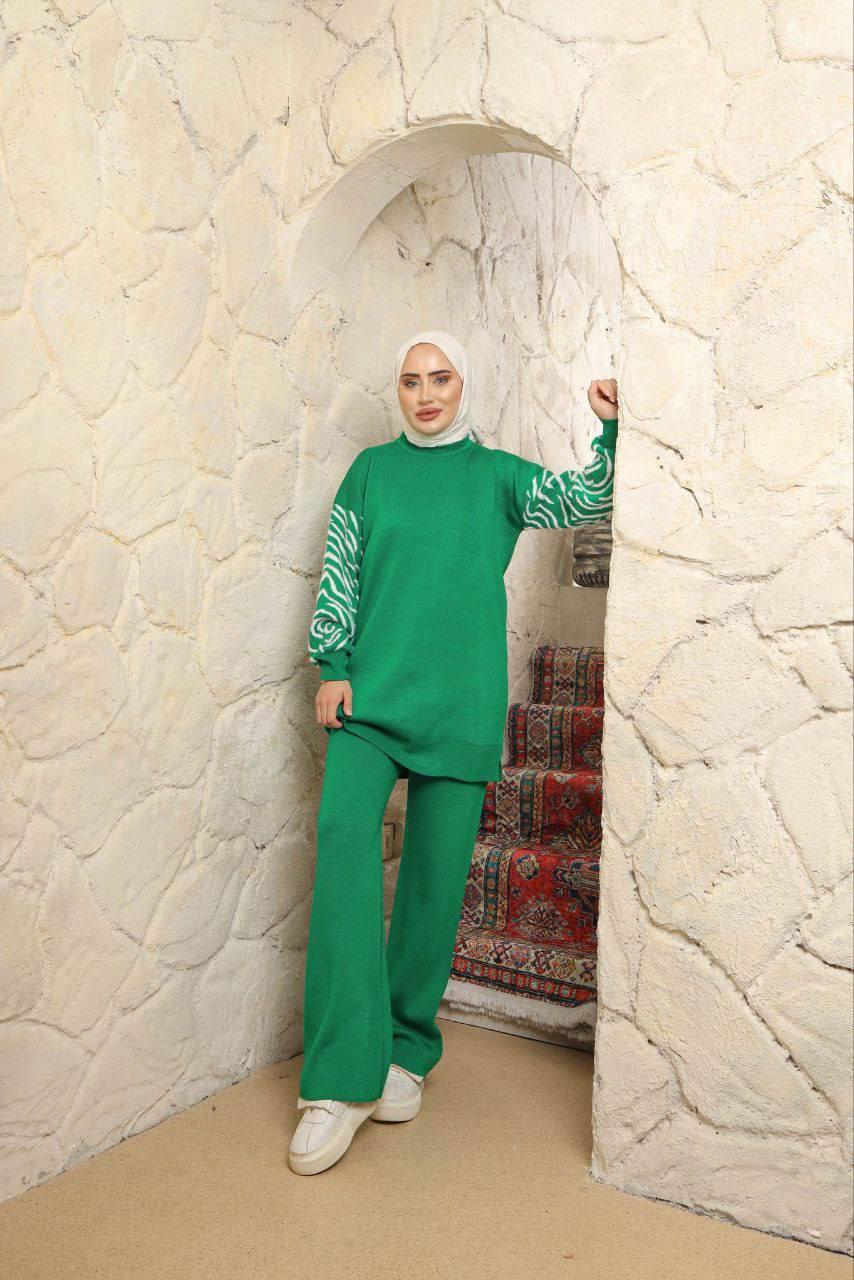 Kolları Zebra Desenli Tesettür Triko Kombin 3006 Yeşil