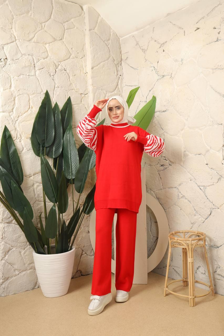 Kolları Zebra Desenli Tesettür Triko Kombin 3006 Kırmızı