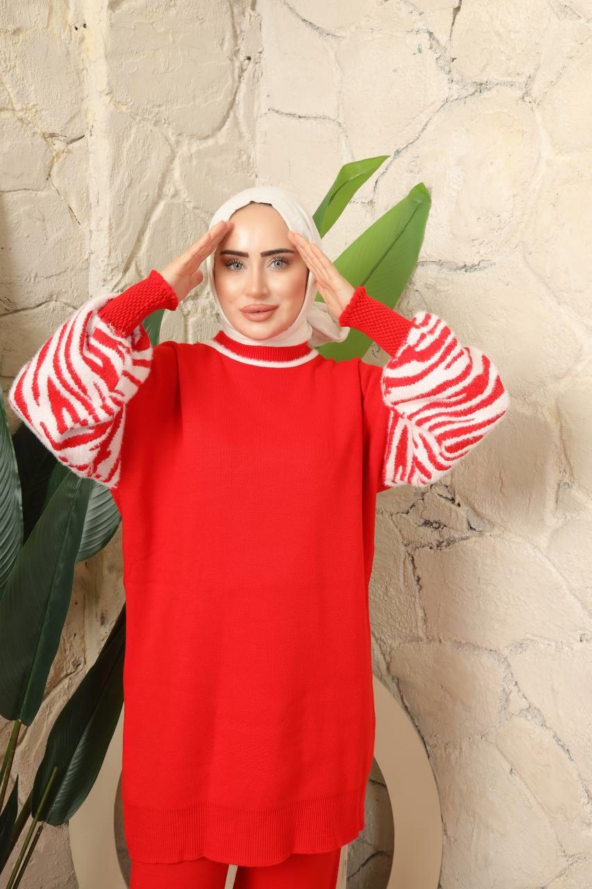 Kolları Zebra Desenli Tesettür Triko Kombin 3006 Kırmızı
