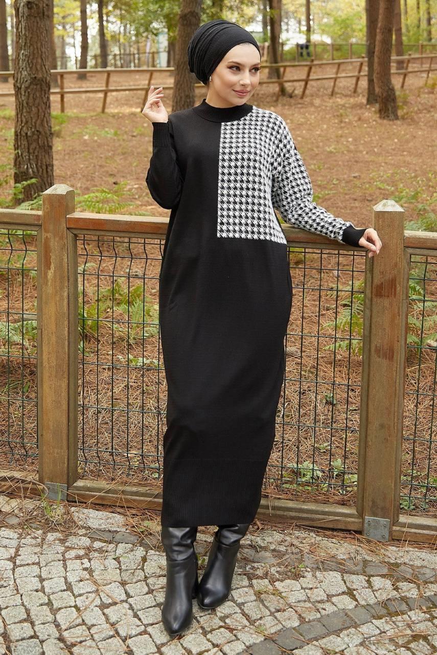 Kolu Kazayağı Desenli Triko Elbise 2245 Siyah