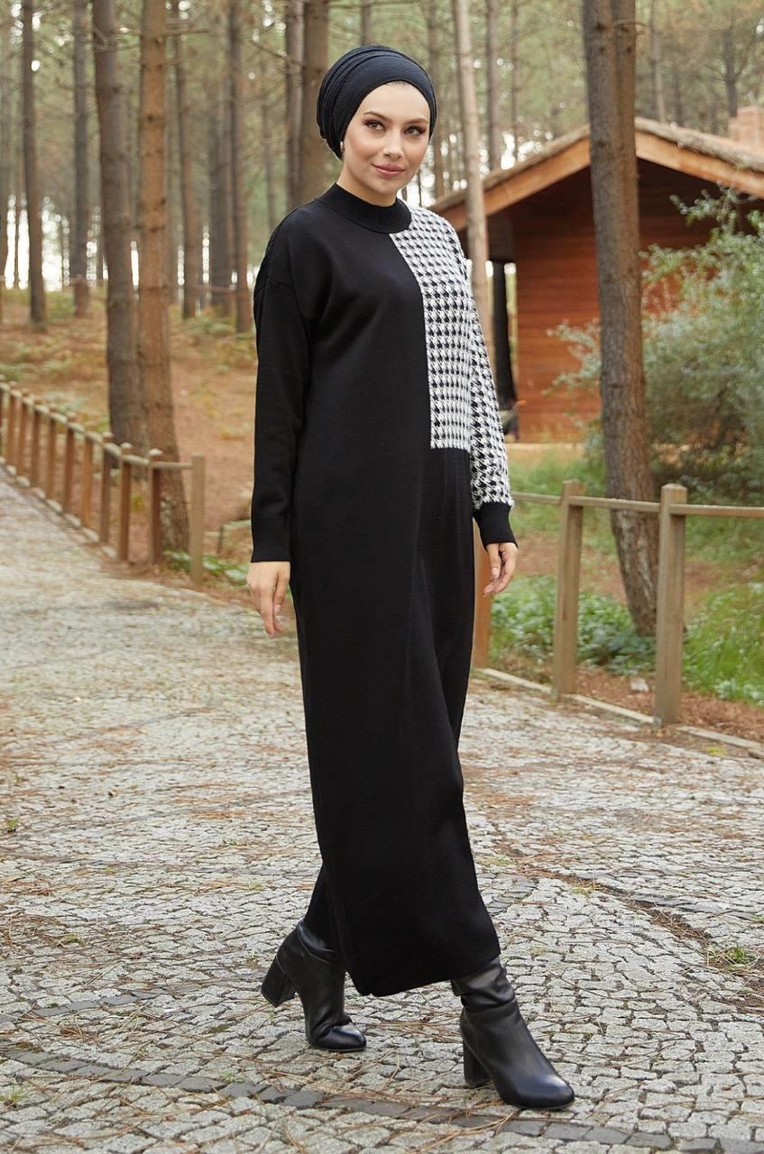 Kolu Kazayağı Desenli Triko Elbise 2245 Siyah