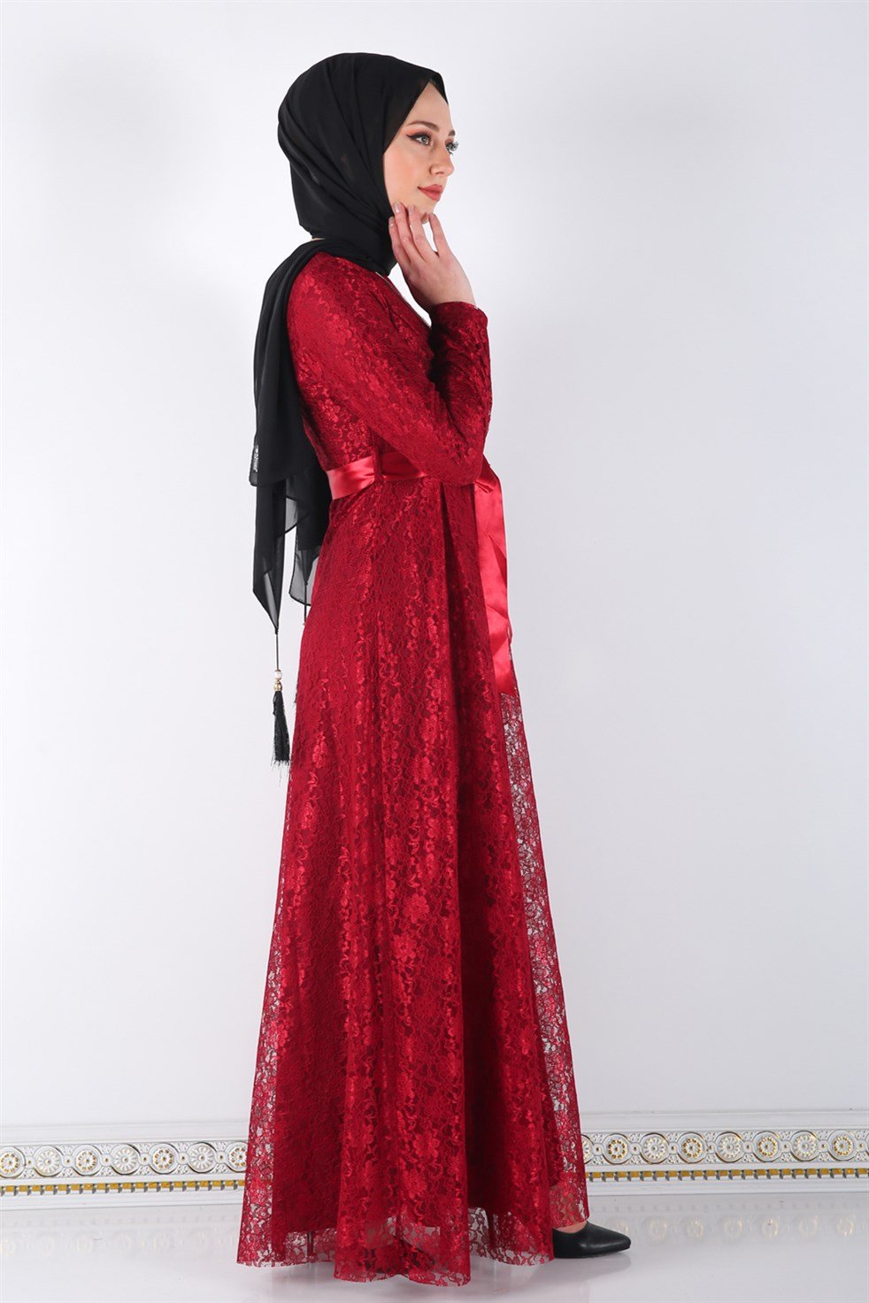 Kolyeli Tesettür Abiye 5541 Bordo