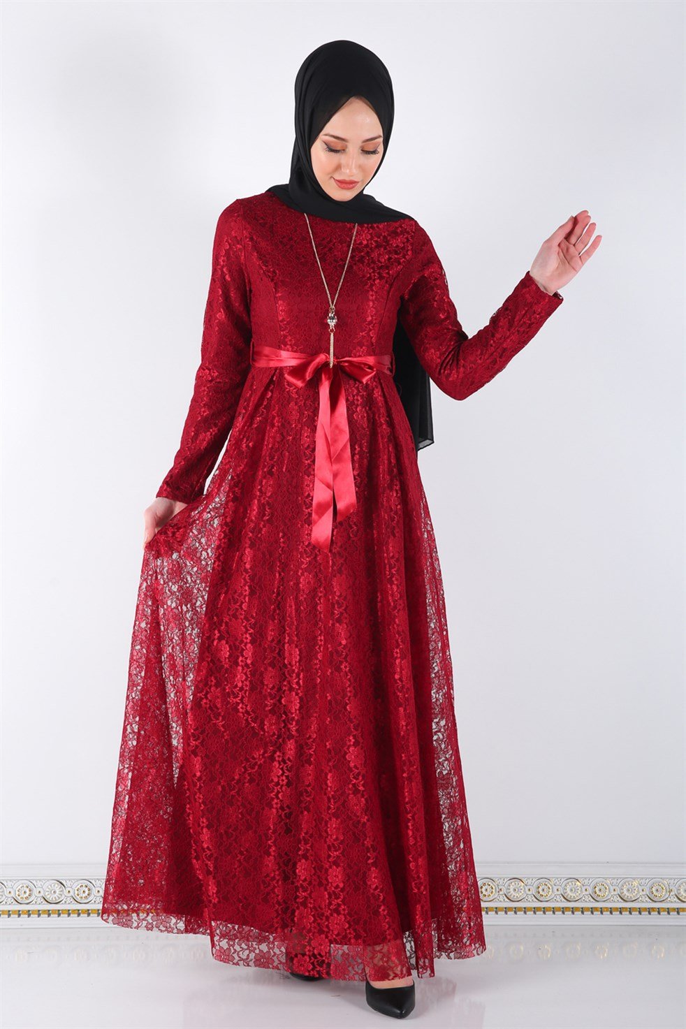 Kolyeli Tesettür Abiye 5541 Bordo