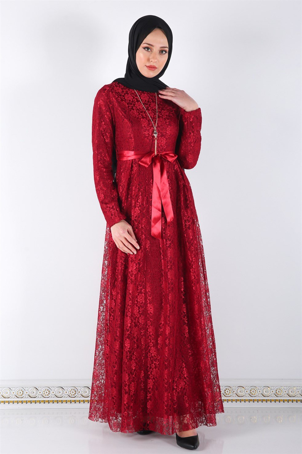 Kolyeli Tesettür Abiye 5541 Bordo