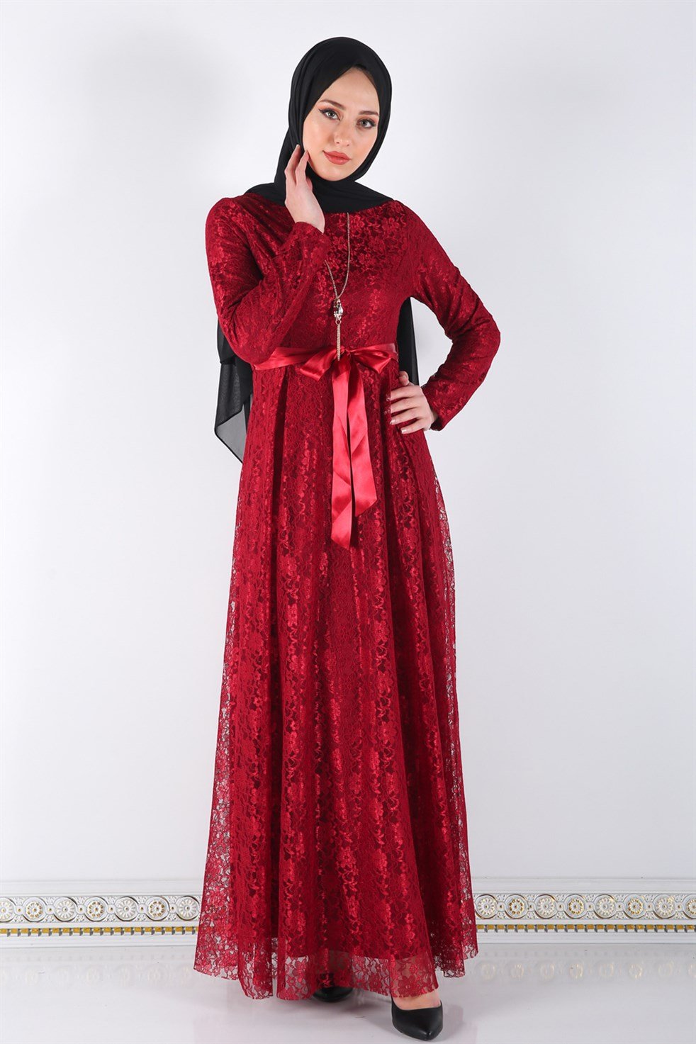 Kolyeli Tesettür Abiye 5541 Bordo
