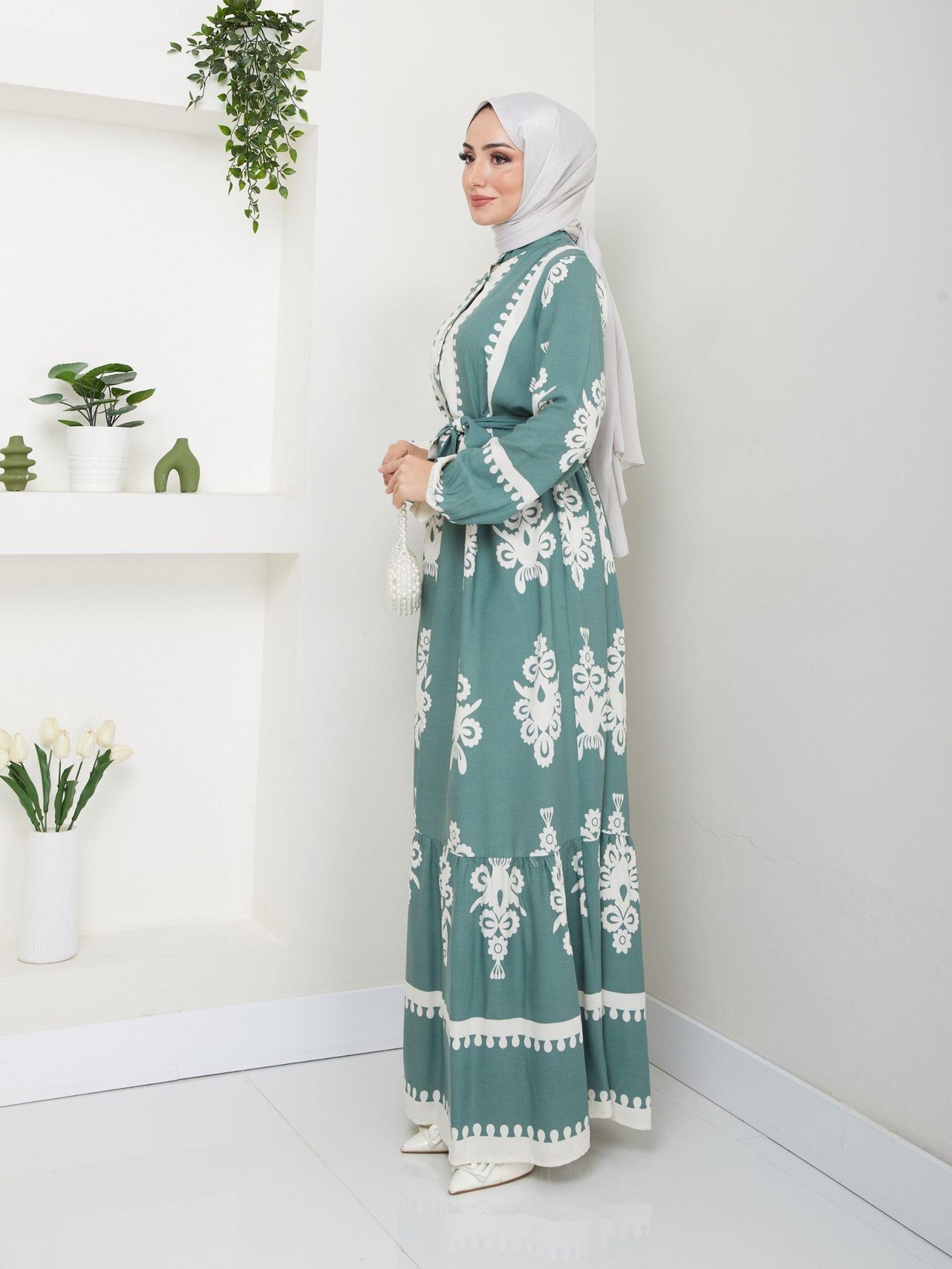 Kuşaklı Salaş Tesettür Elbise 2263 Mint
