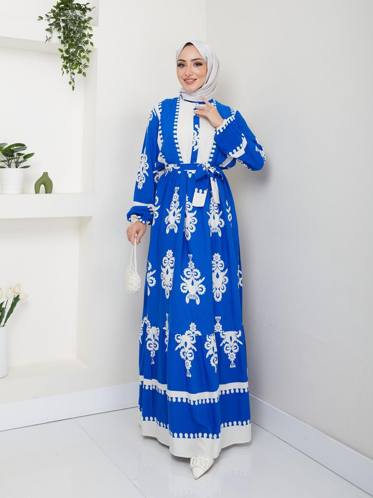 Kuşaklı Salaş Tesettür Elbise 2263 Saks Mavisi