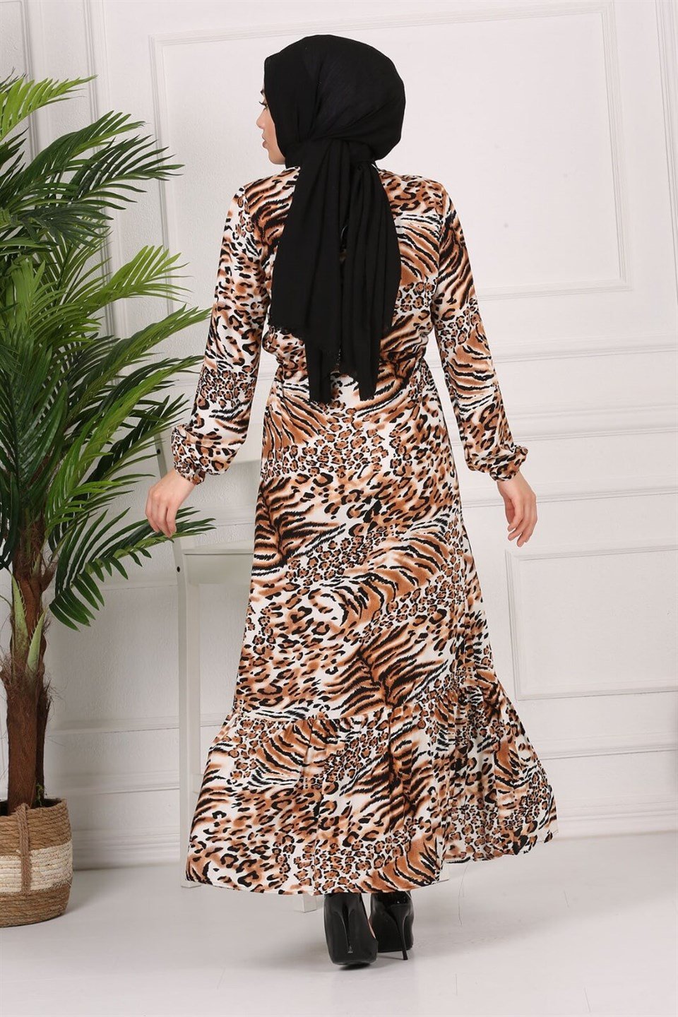 Kuşaklı Tesettür Elbise 10277 Leopar