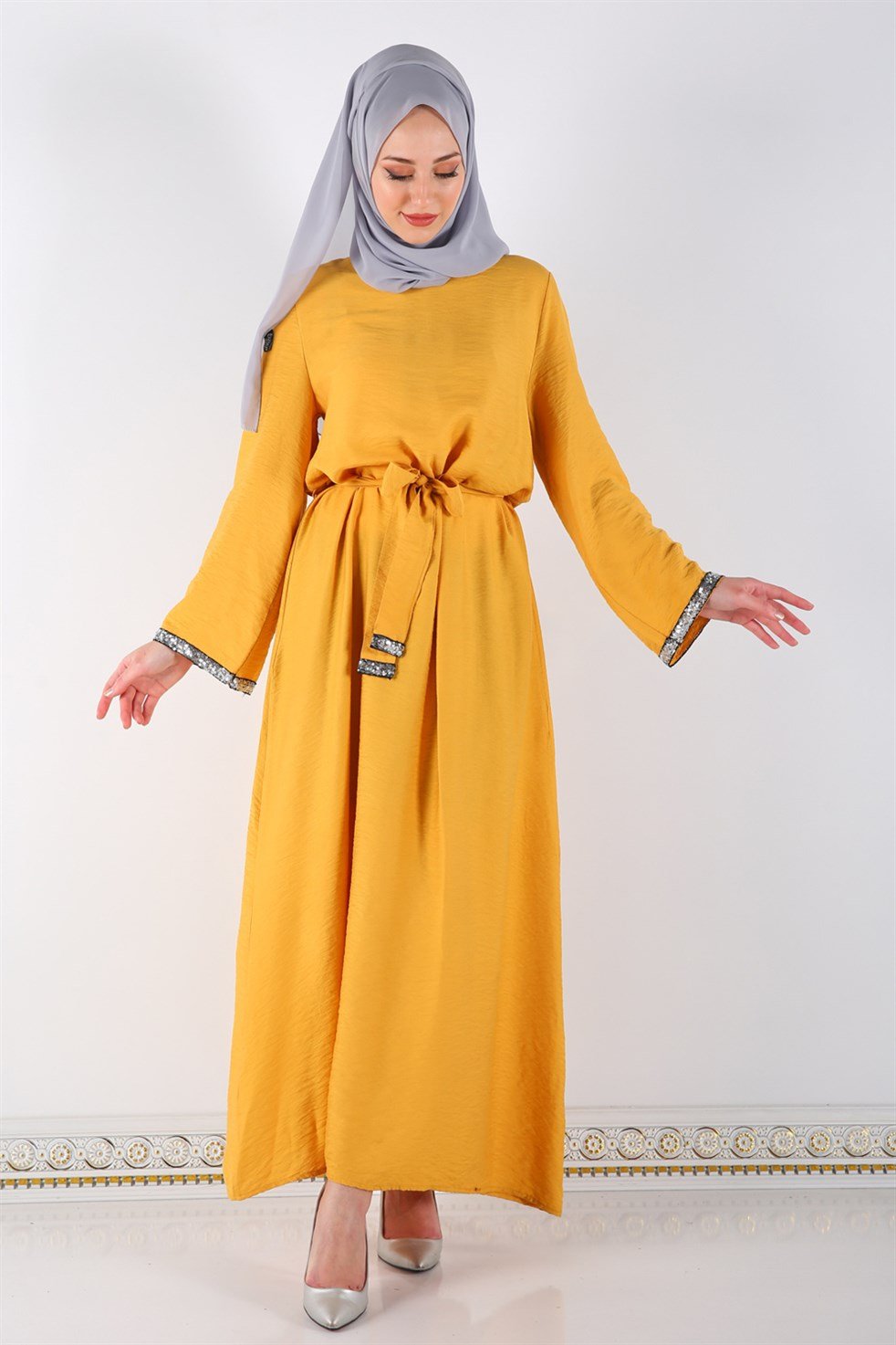 Kuşaklı Tesettür Elbise 5603 Hardal