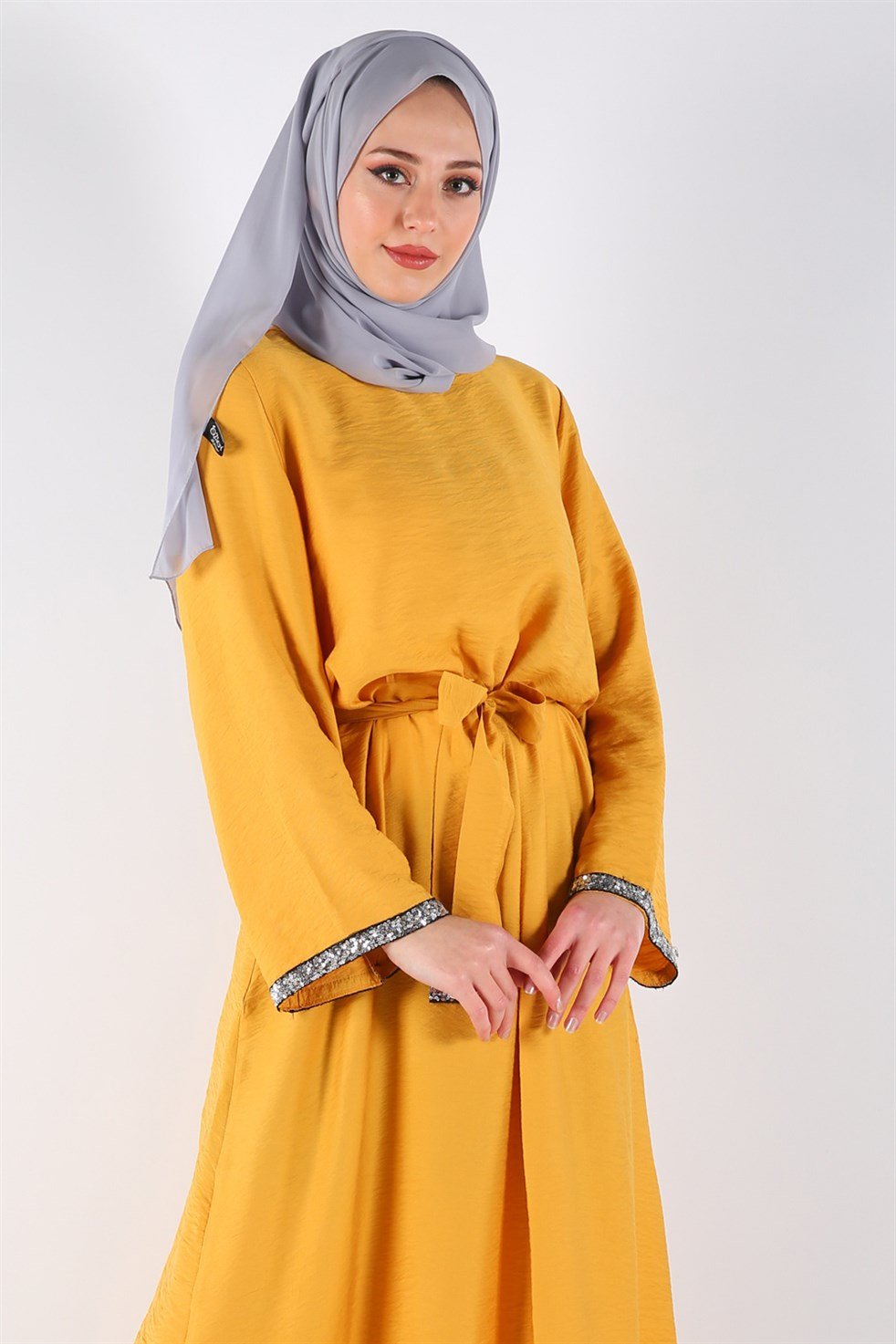 Kuşaklı Tesettür Elbise 5603 Hardal