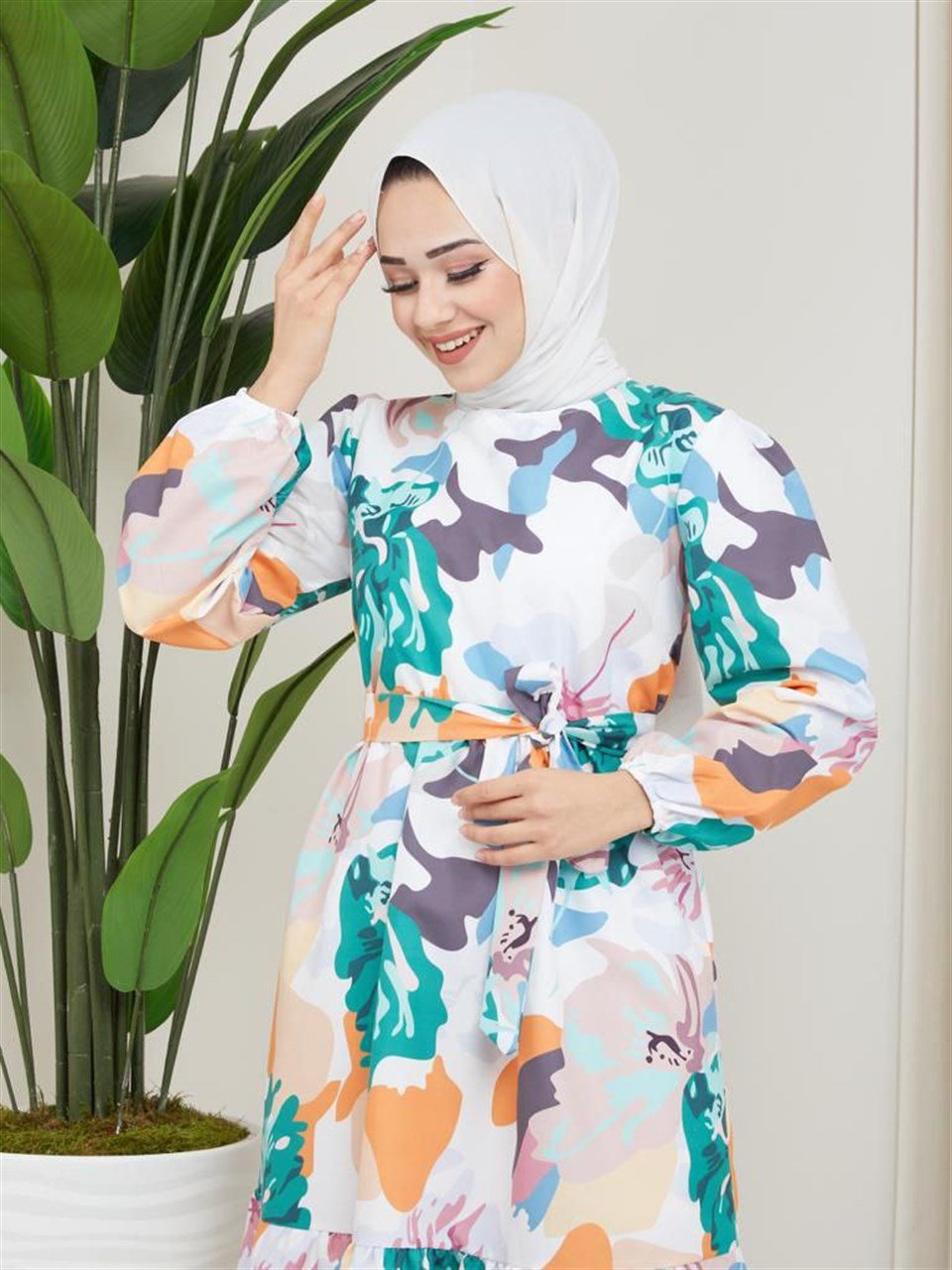 Kuşaklı Tesettür Elbise 6029 Desen3