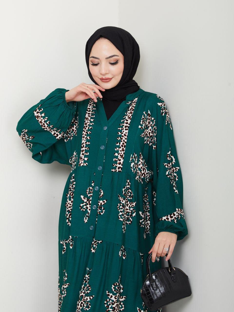 Leopar Detaylı Salaş Tesettür Elbise 2272 Zümrüt Yeşili