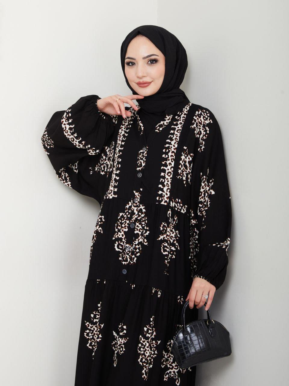 Leopar Detaylı Salaş Tesettür Elbise 2272 Siyah