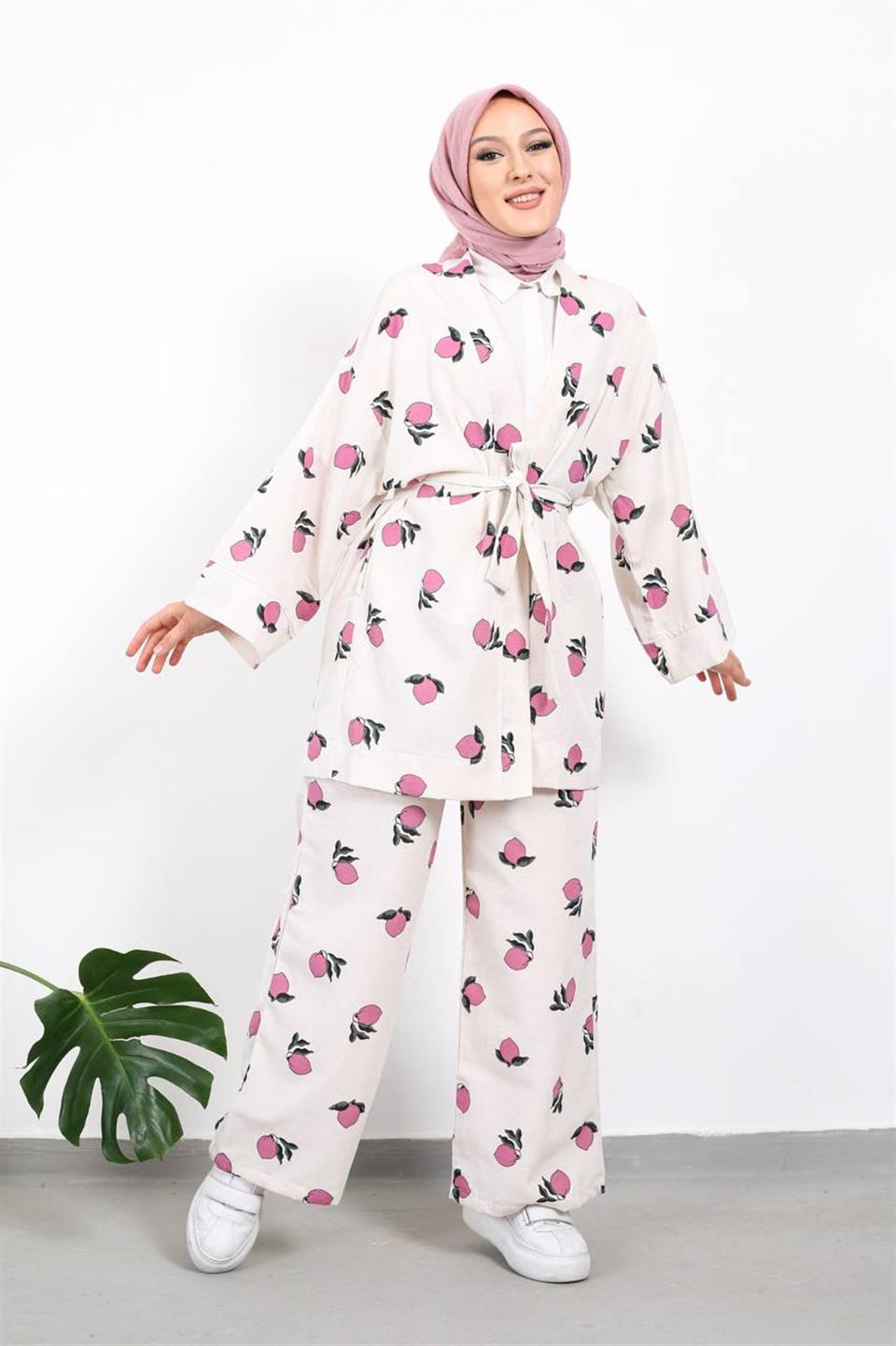 Limon Desenli Kimono Pantolon Tesettür Kombin 2219 Lila