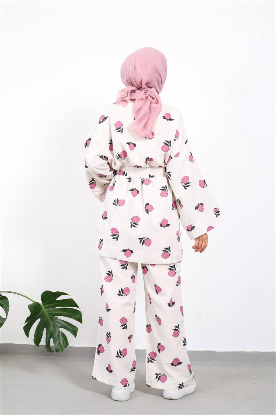 Limon Desenli Kimono Pantolon Tesettür Kombin 2219 Lila