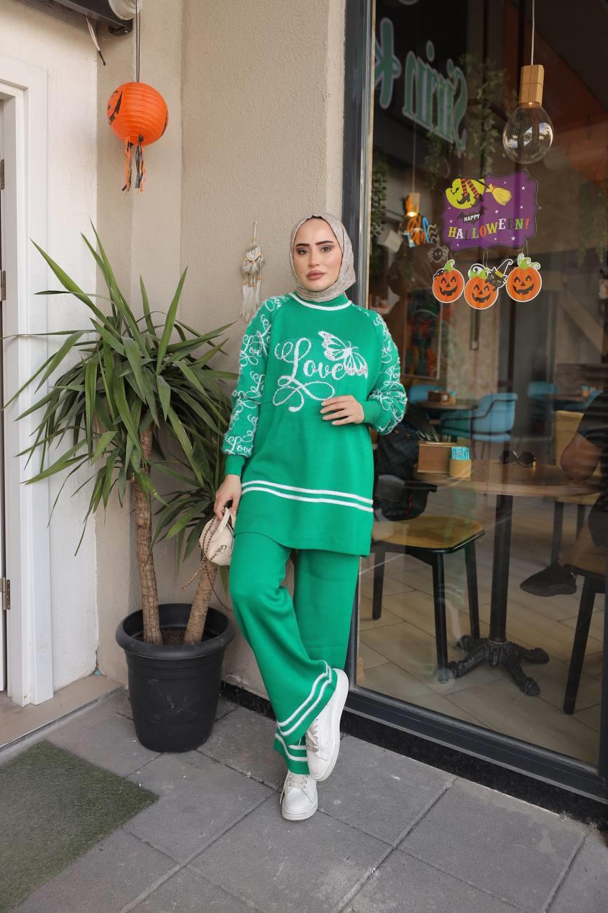 Love Yazılı Tesettür Triko Kombin 3019 Yeşil