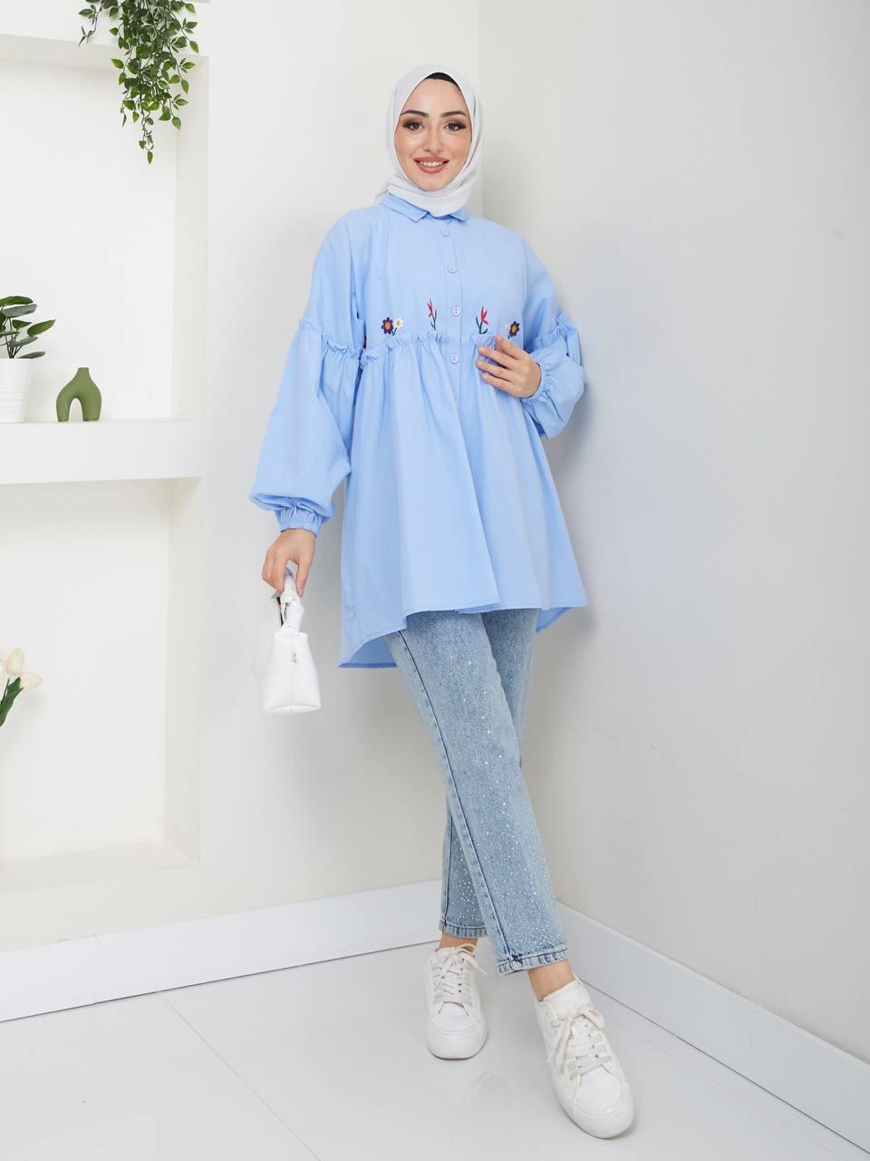 Nakış Detaylı Tesettür Tunik 2277 Bebe Mavisi