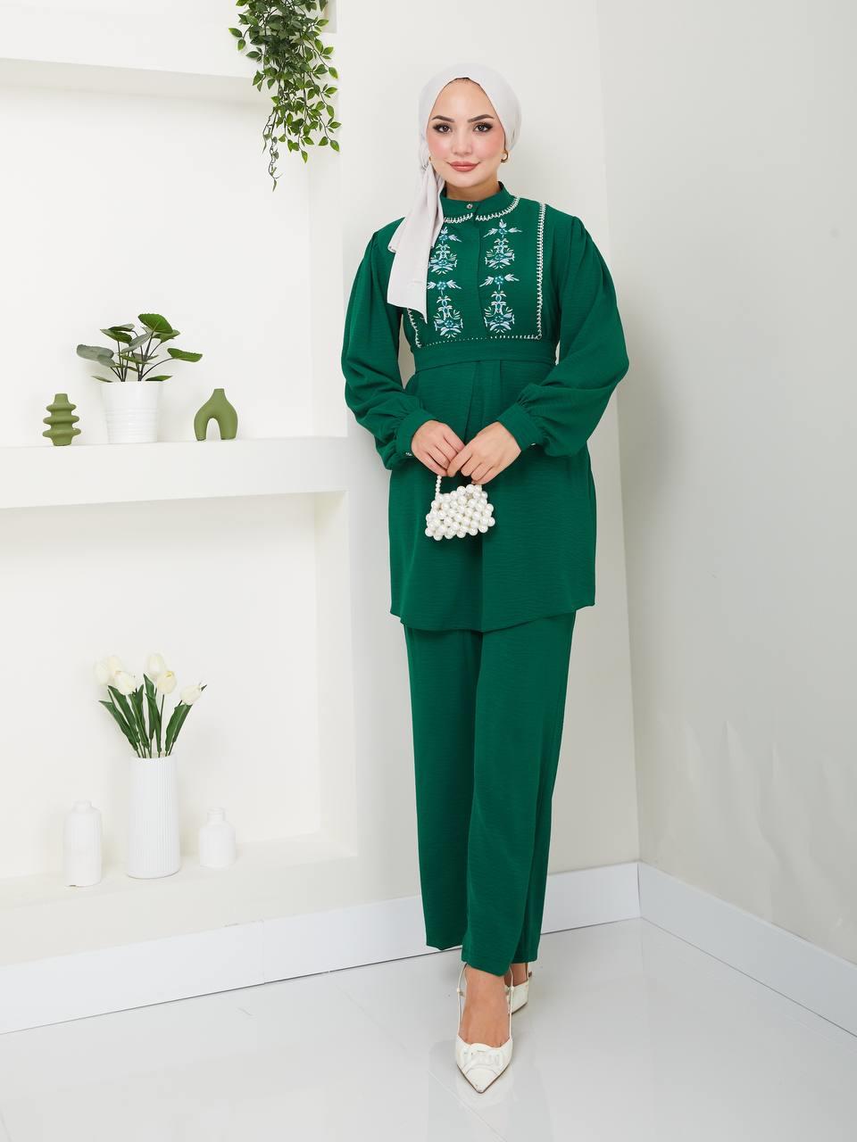 Nakış Detaylı Tunik Pantolon Kombin 5032 Zümrüt Yeşili