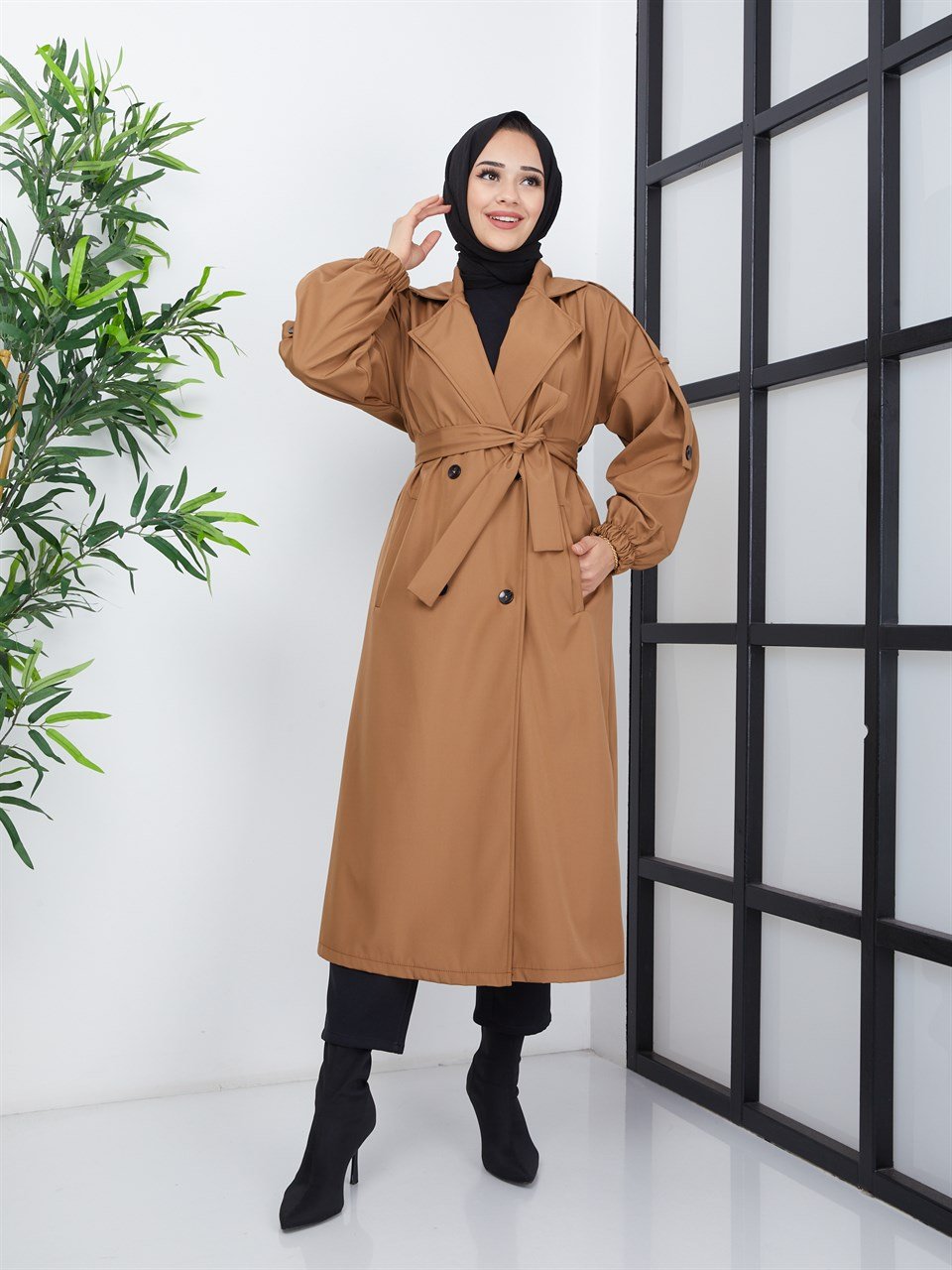 Omuz Kemerli Tesettür Trençkot 20062 Taba