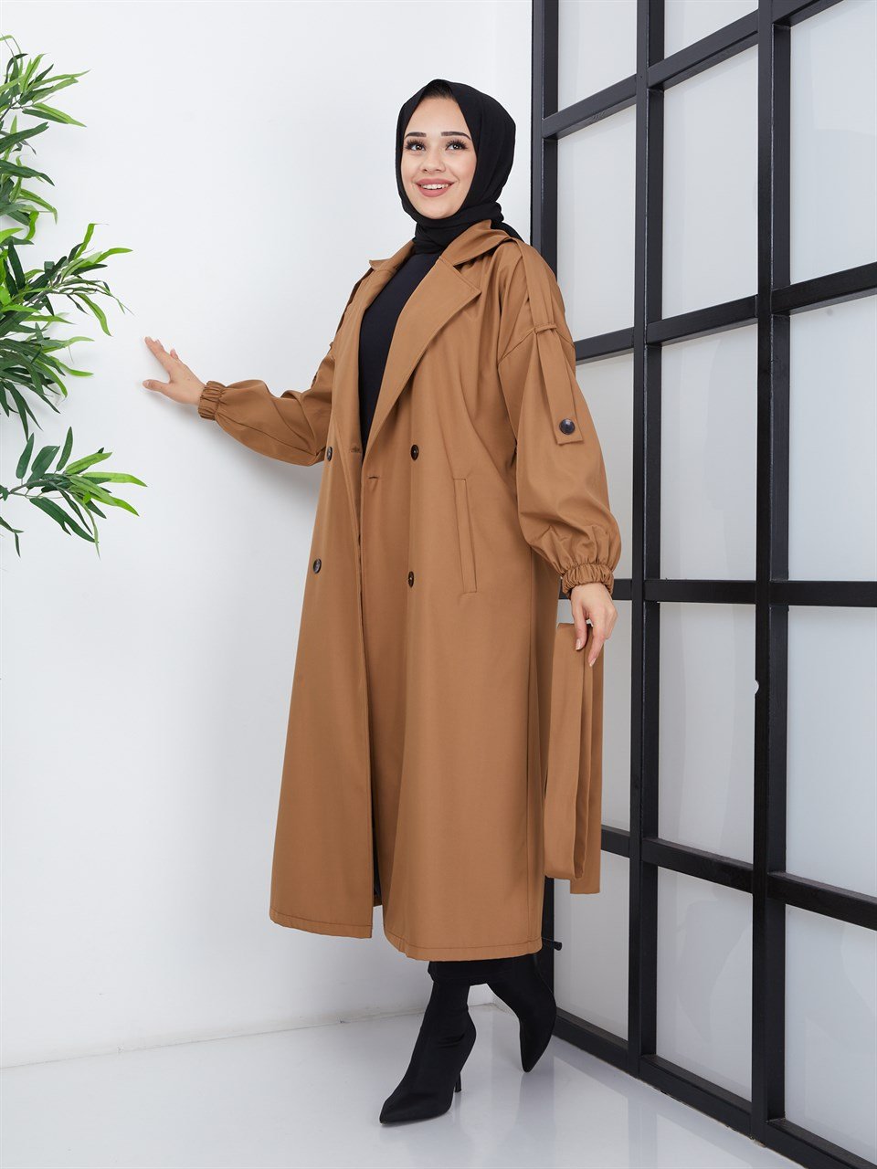 Omuz Kemerli Tesettür Trençkot 20062 Taba