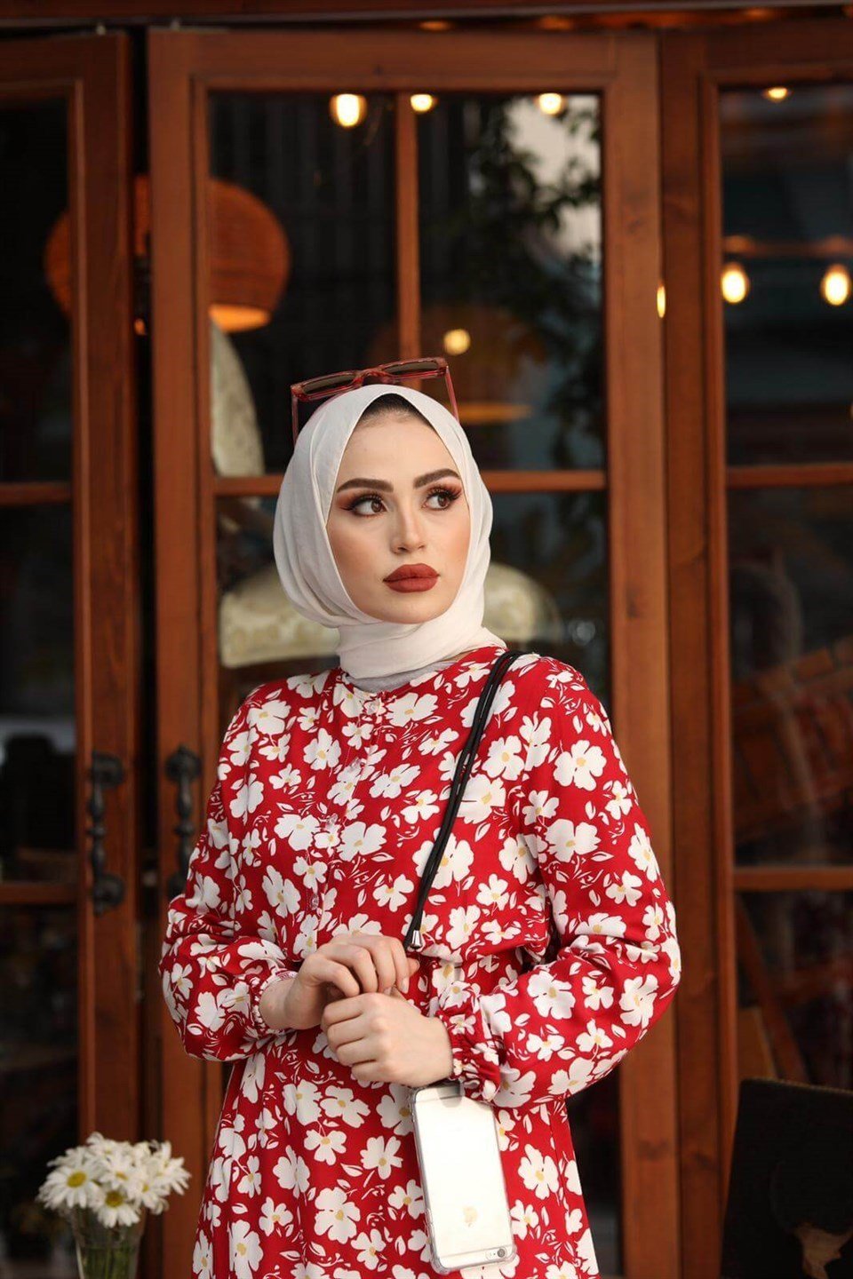 Papatya Desenli Tesettür Elbise BLB 8800-16 Kırmızı