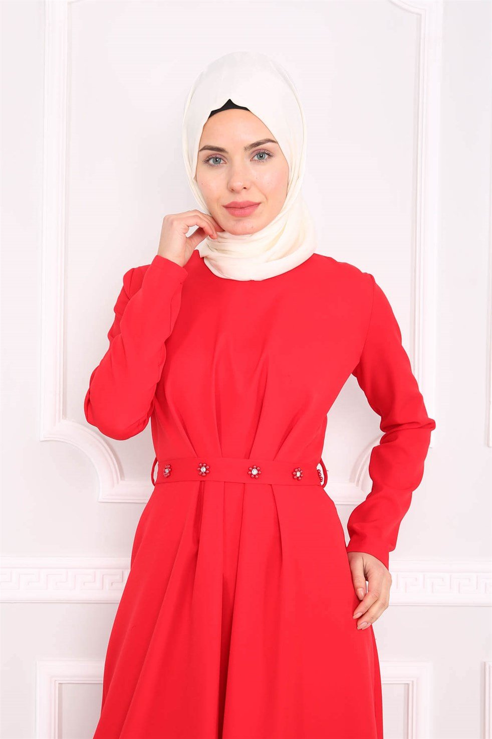 Pileli Tesettür Elbise 5618 Kırmızı