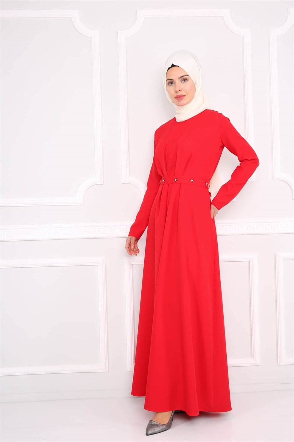 Pileli Tesettür Elbise 5618 Kırmızı