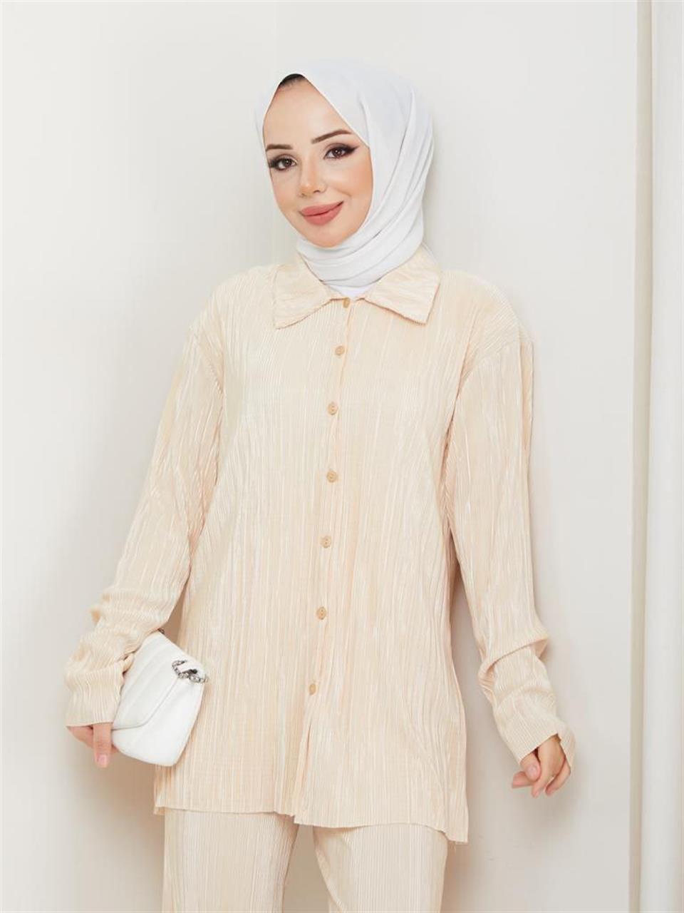 Piliseli Tesettür Gömlek Pantolon Kombin 6059 Taş