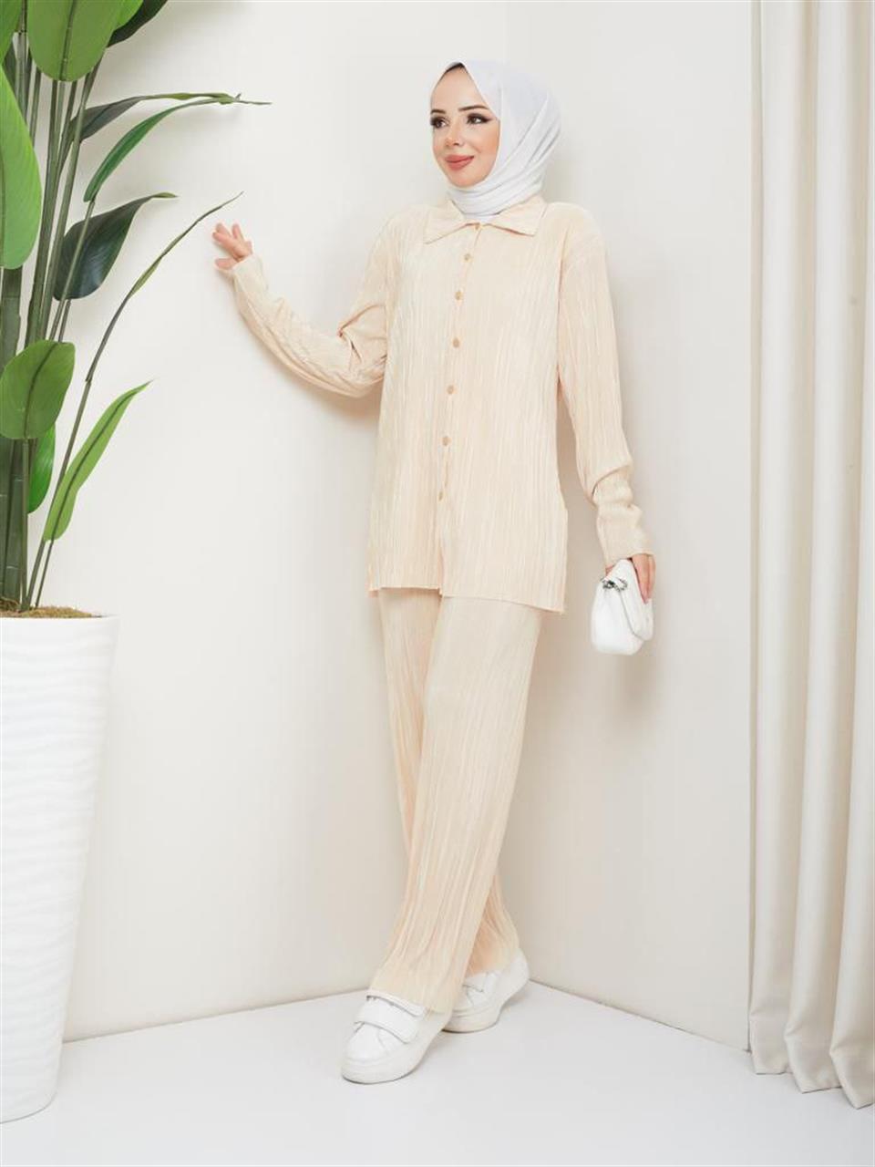 Piliseli Tesettür Gömlek Pantolon Kombin 6059 Taş