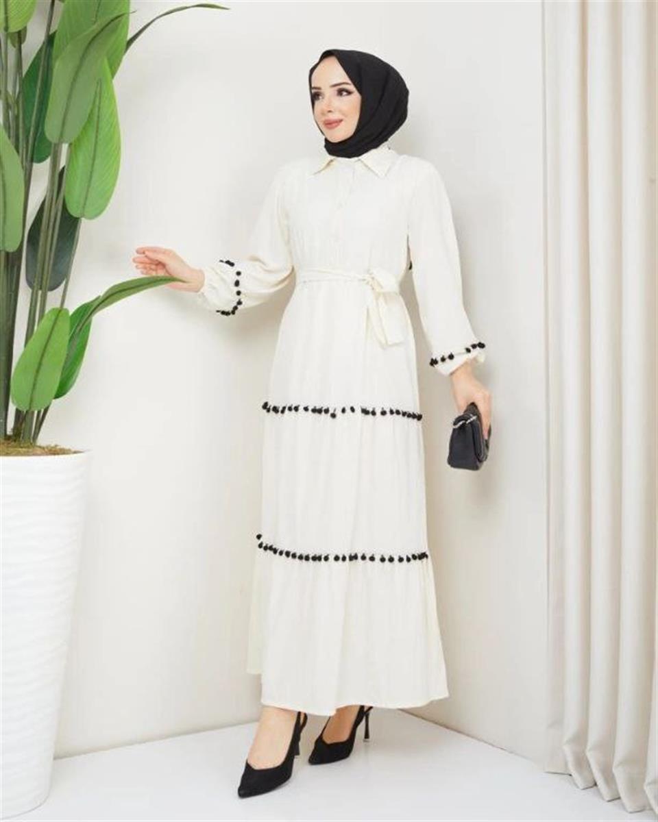 Ponpon Detaylı Tesettür Elbise 6052 Ekru