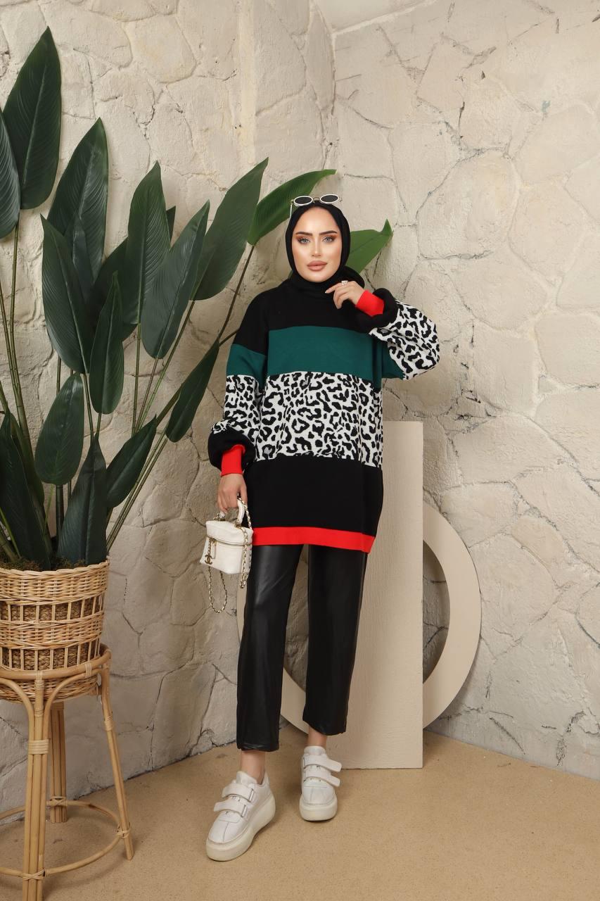 Renkli Leopar Triko Tunik 3013 Petrol