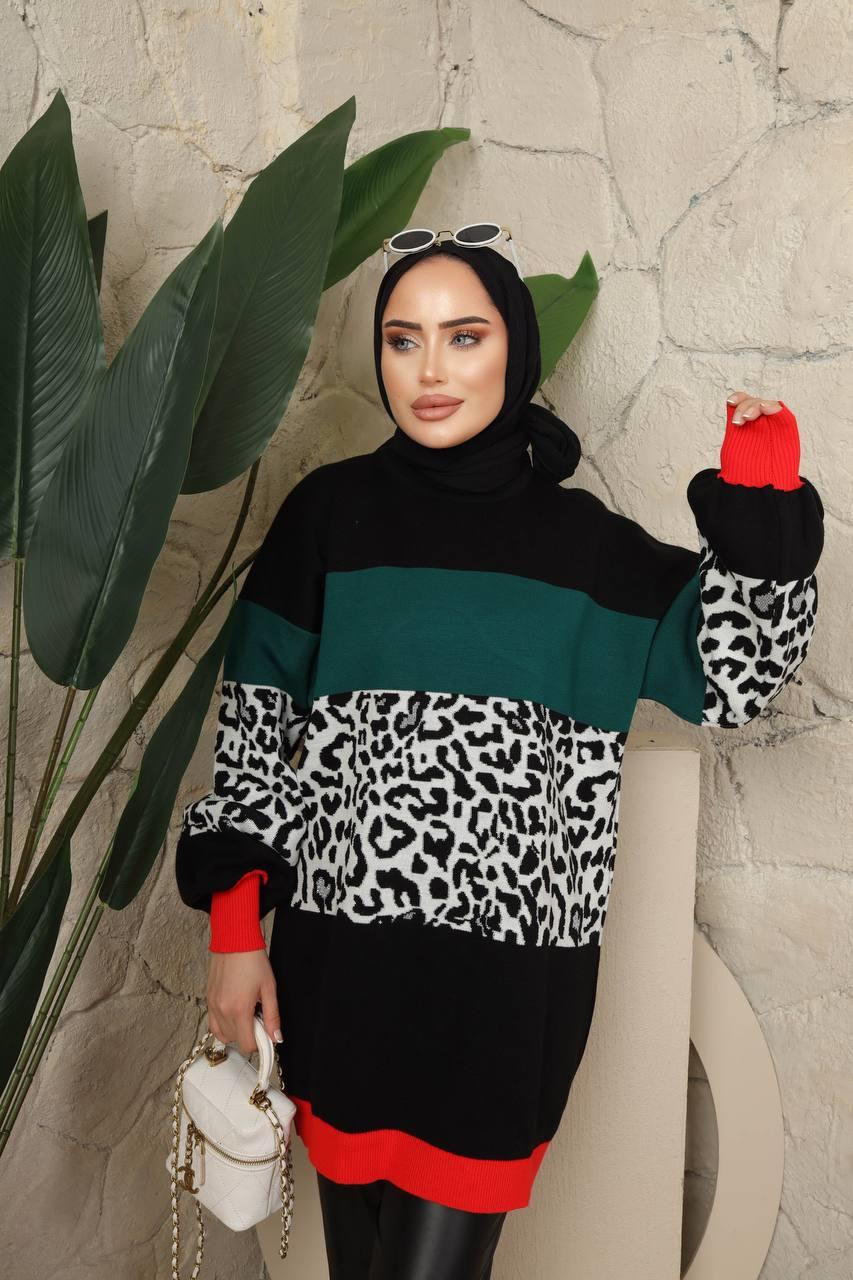 Renkli Leopar Triko Tunik 3013 Petrol