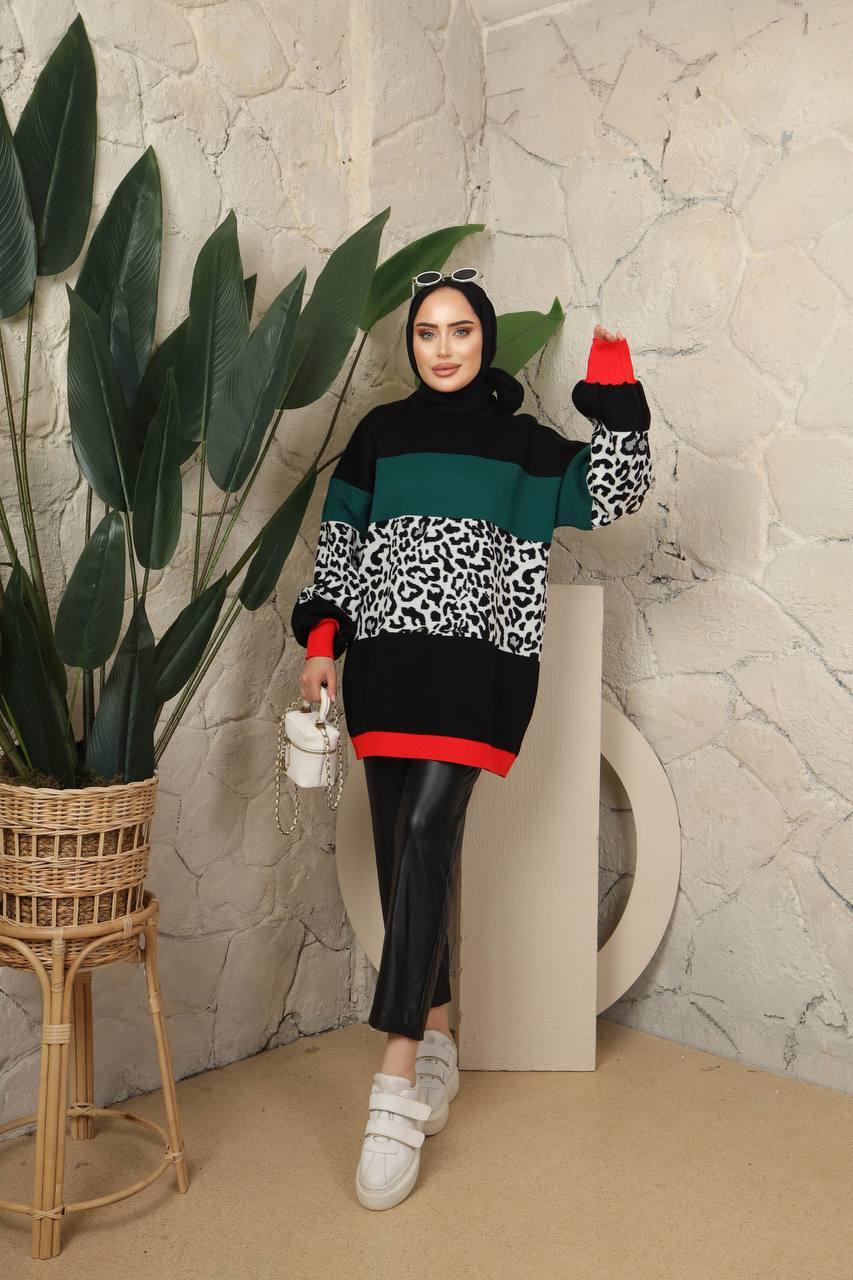 Renkli Leopar Triko Tunik 3013 Petrol
