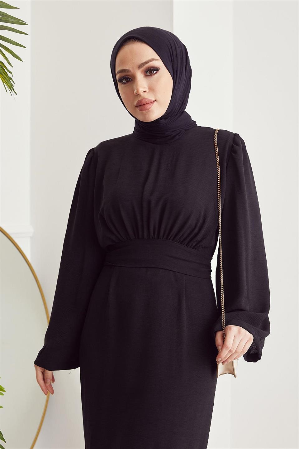 Rina Kendinden Kuşaklı Tesettür Elbise 2225 Siyah