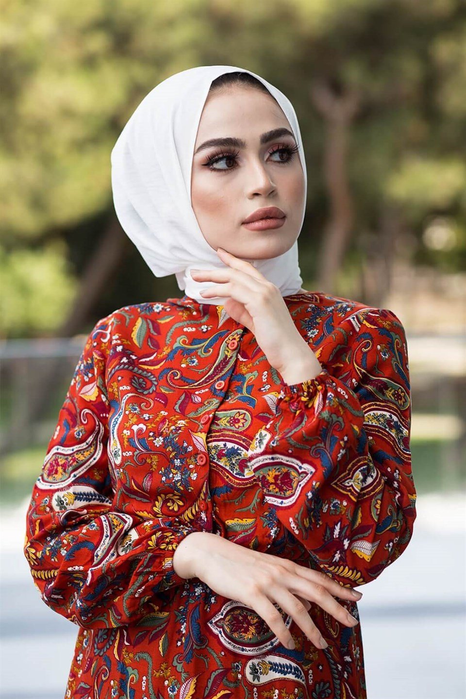 Şal Desen Tesettür Elbise BLB 8800-5  Kiremit