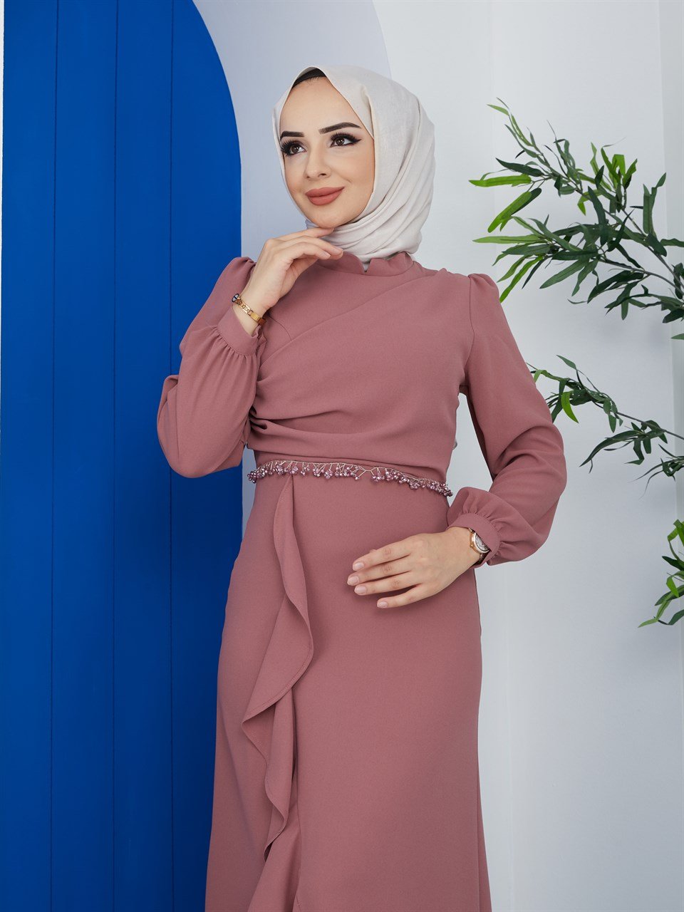 Salkım Taş Detaylı Tesettür Abiye 10936 Gül Kurusu
