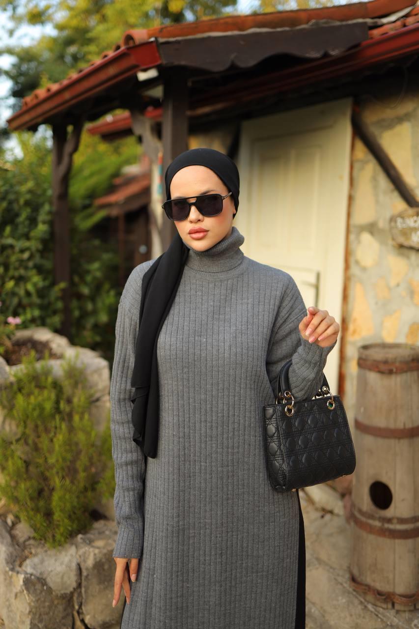 Şeritli Balıkçı Yaka Triko Elbise Takım 3024 Füme