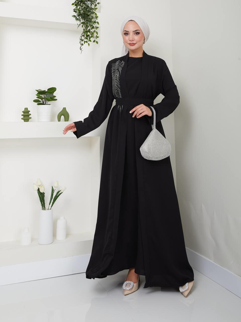 Taş Detaylı Abaya Takım 5031 Siyah