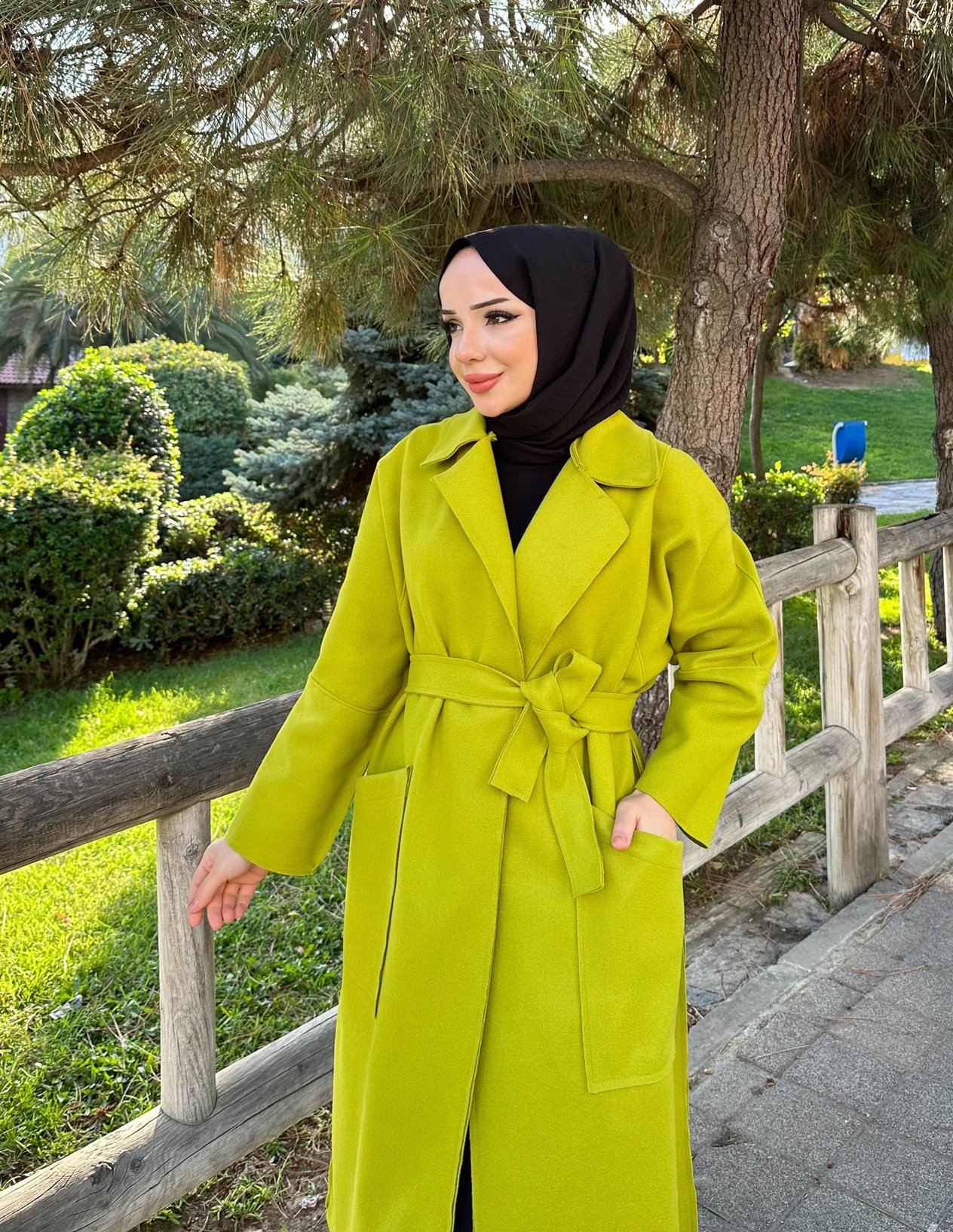 Torba Cepli Tesettür Kaşe Kaban 4006 Yağ Yeşili