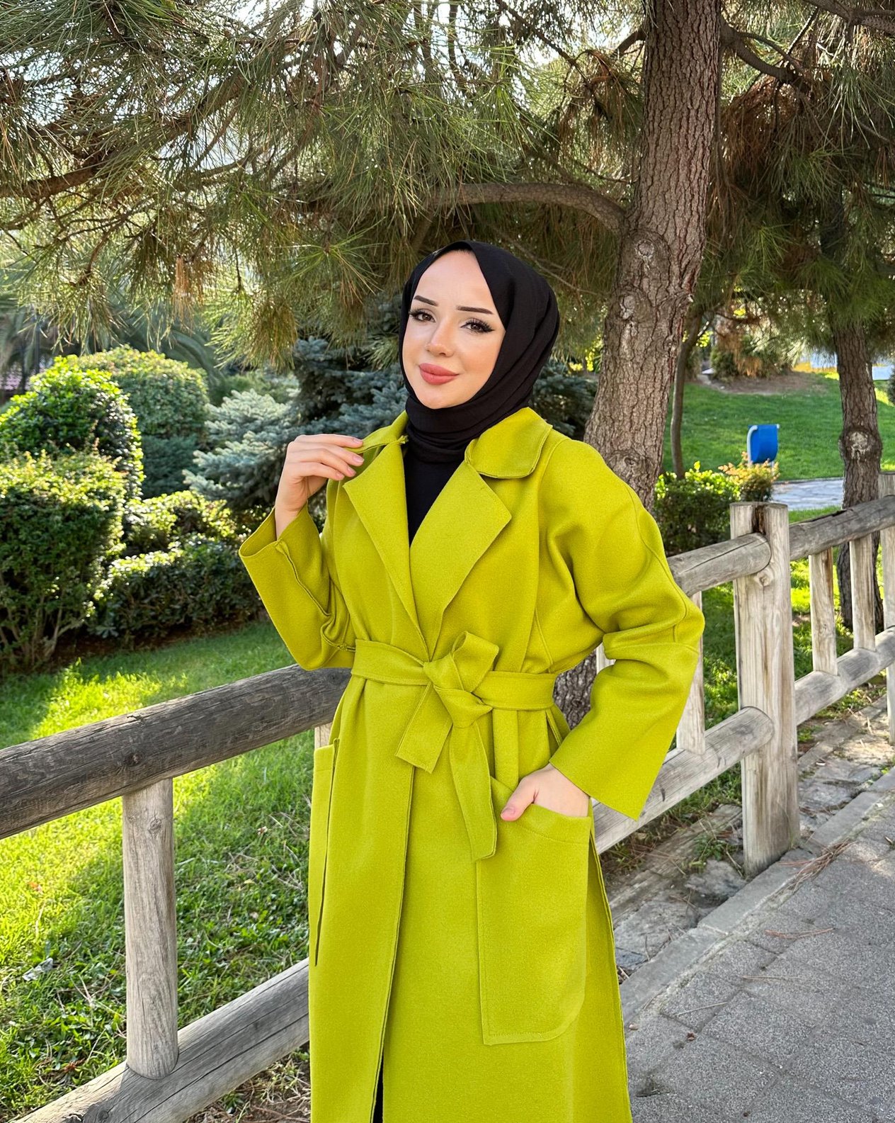 Torba Cepli Tesettür Kaşe Kaban 4006 Yağ Yeşili
