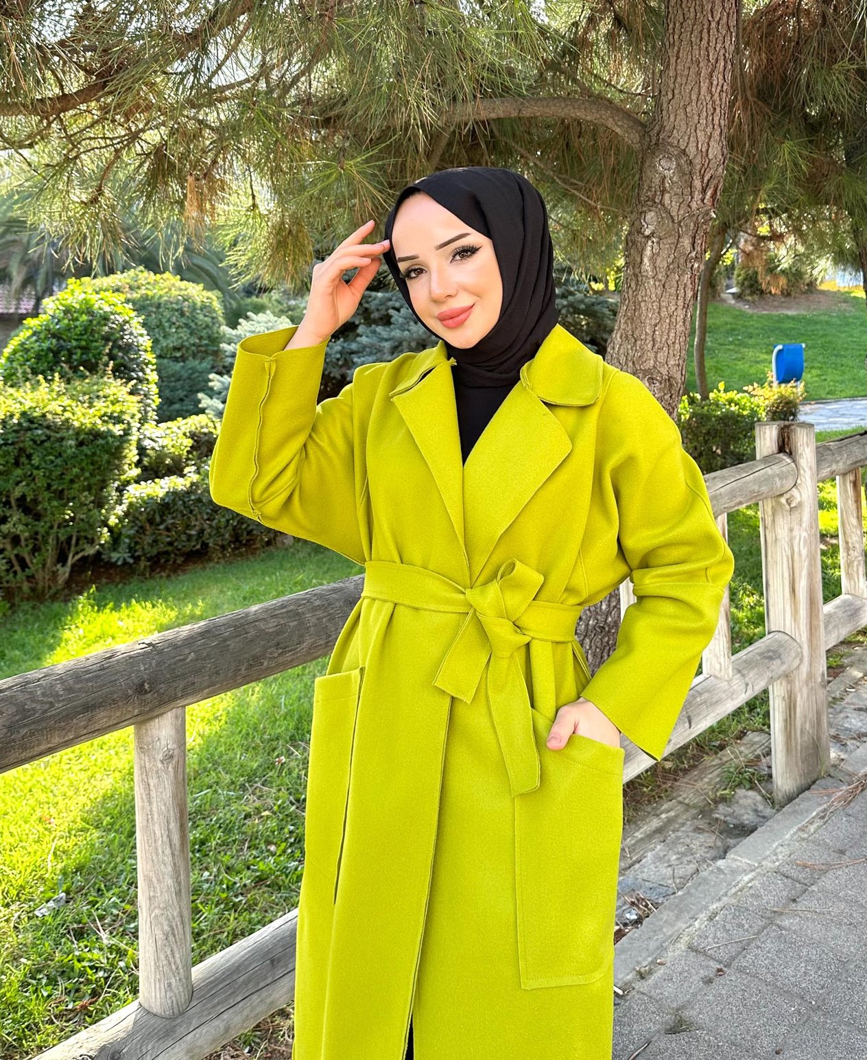 Torba Cepli Tesettür Kaşe Kaban 4006 Yağ Yeşili